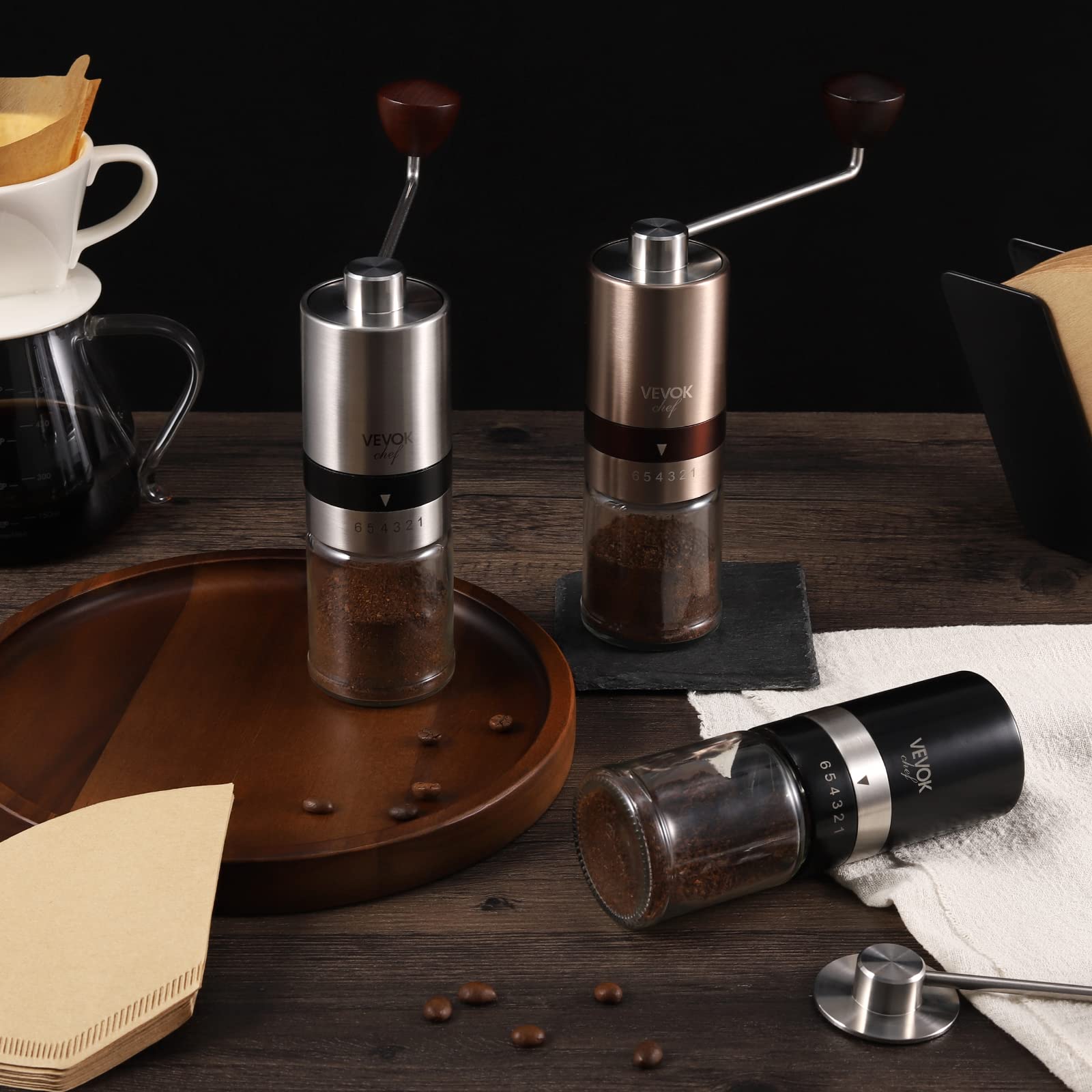 VEVOK CHEF Manual Coffee Grinder - 6 Adjustable Settings, Stainless Steel Conical Burr Mill, Portable Hand Crank Coffee Bean Grinder for Espresso, French Press, Drip Coffee - Perfect for Home, Office, Camping & Travel Gifts