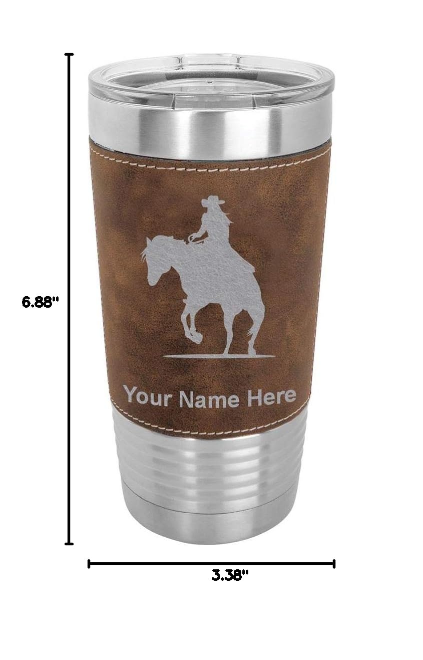 LaserGram 20oz Vacuum Insulated Stainless Steel Tumbler Mug - Cowgirl Riding Horse Design with Personalized Engraving, Faux Leather & Rustic Finish - Perfect for Coffee, Tea & Cold Drinks at Work, Gym or Outdoor Adventures