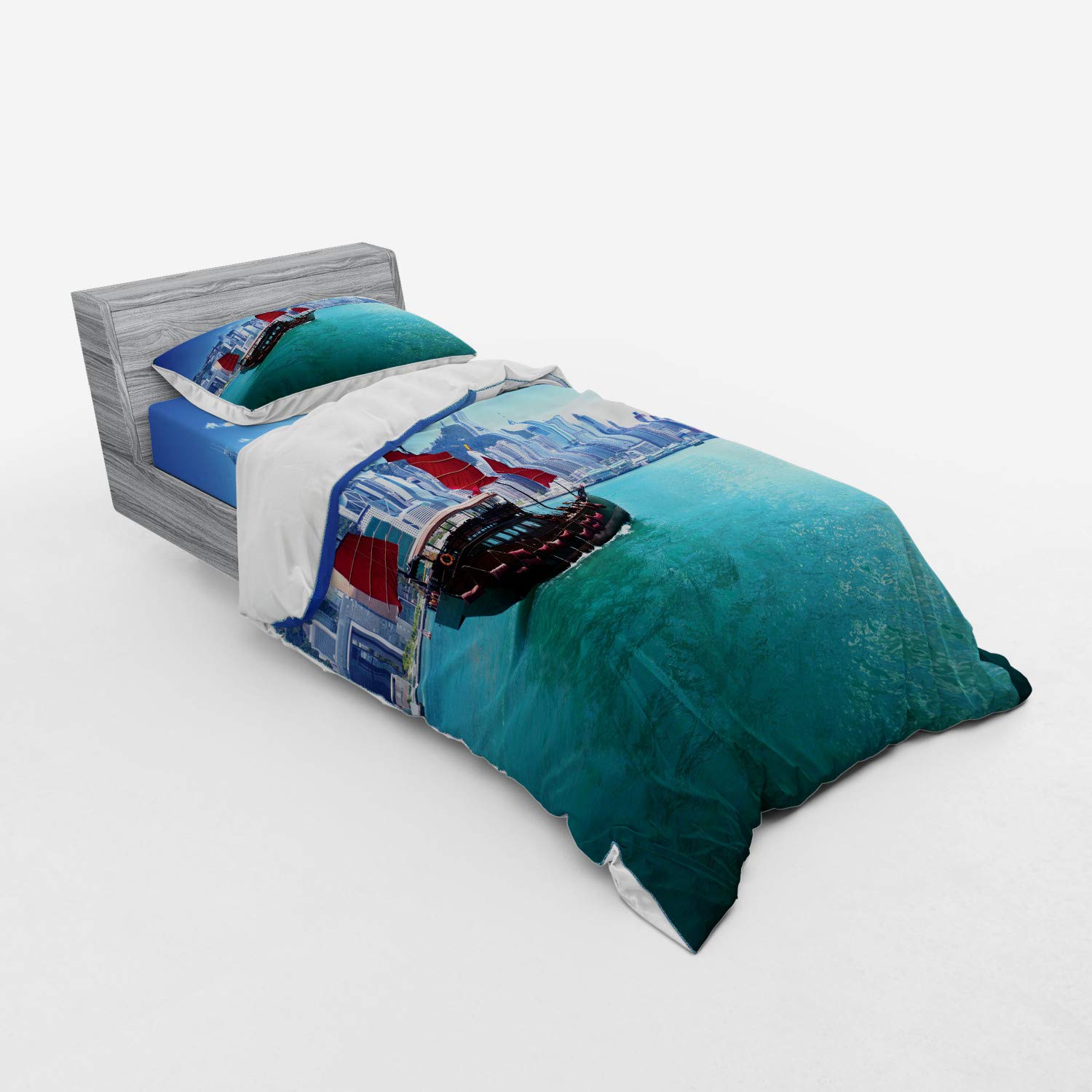 Ambesonne Ocean Duvet Cover Set - Hong Kong Harbour Traditional Junk Boat with Flags, Skyline & Sea - 3 Piece Bedding Set with Pillow Sham & Fitted Sheet - Twin XL Size - Blue Aqua Red - Perfect for Coastal Themed Bedrooms & Nautical Decor
