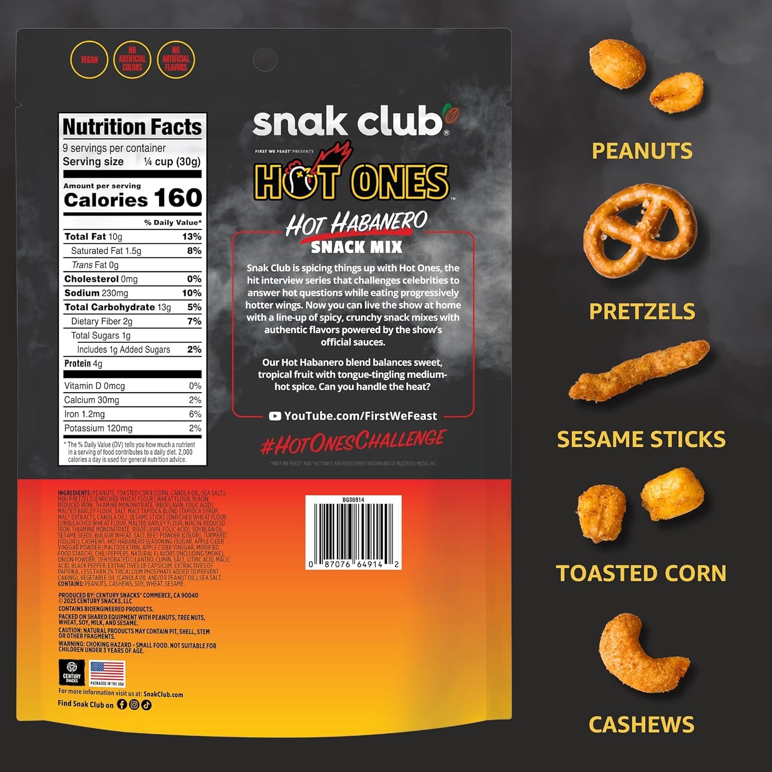 Hot Habanero Snack Mix by Snak Club x Hot Ones - Spicy Peanuts, Pretzels, Sesame Sticks, Toasted Corn & Cashews - 10 oz Bag - Perfect for Parties, Game Nights & Spicy Food Lovers