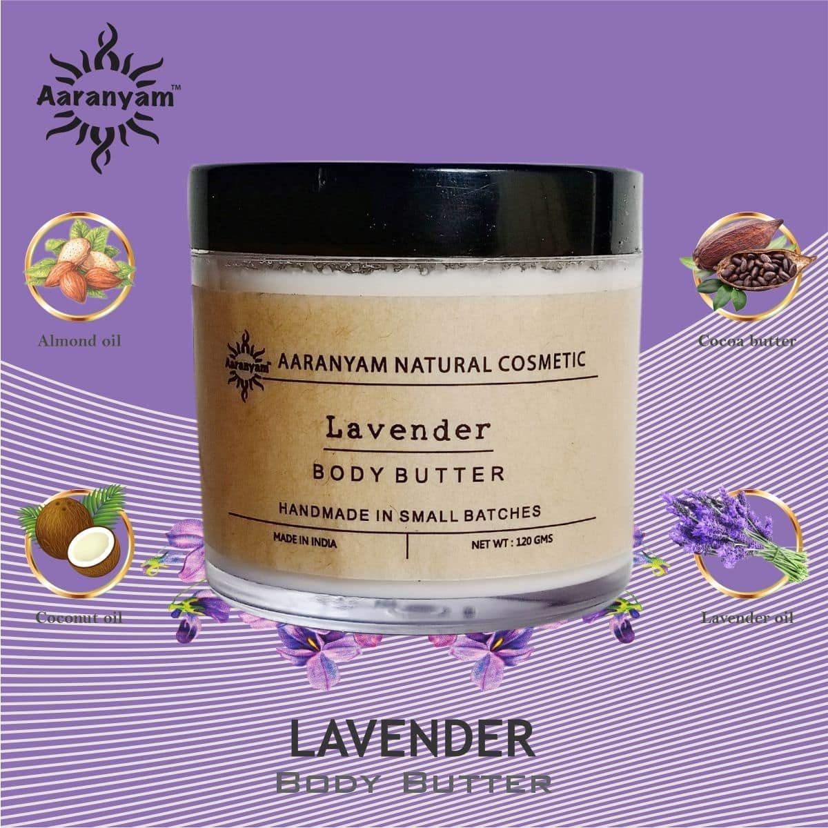 Aaranyam Lavender Body Butter Moisturizing Cream for Dry Skin - Enriched with Shea Butter & Raw Cocoa Butter - Hydrating Winter Body Cream for Women & Men - 120g - Perfect for Daily Skincare & Dry Skin Relief