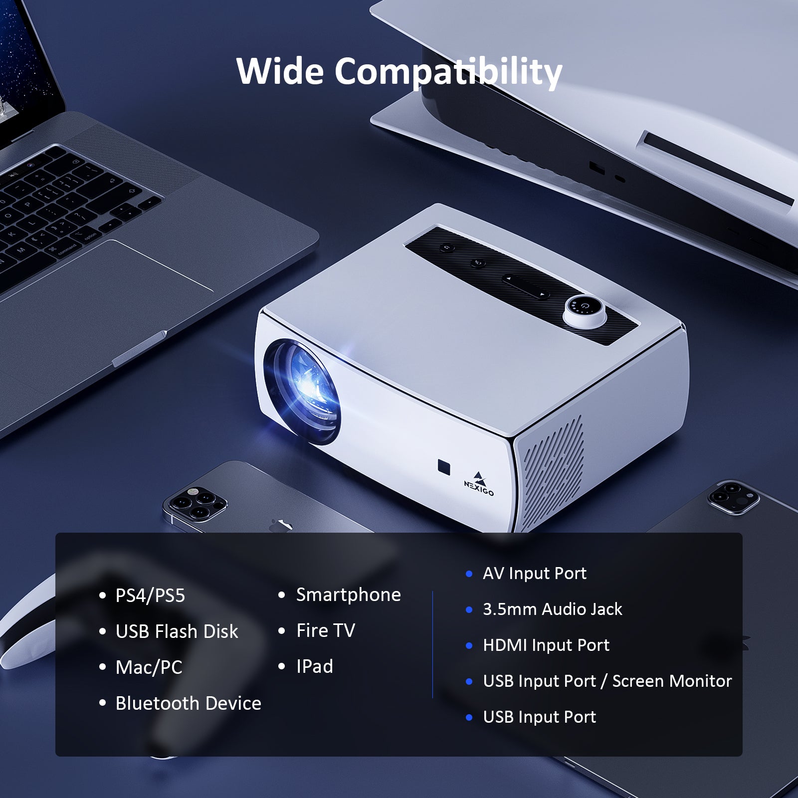 NexiGo PJ10 1080P HD LCD Projector for Home Theater, Outdoor Movies & Gaming - Portable Video Projector with HDMI, USB, AV Inputs - Perfect for Movie Nights, Presentations & Backyard Entertainment