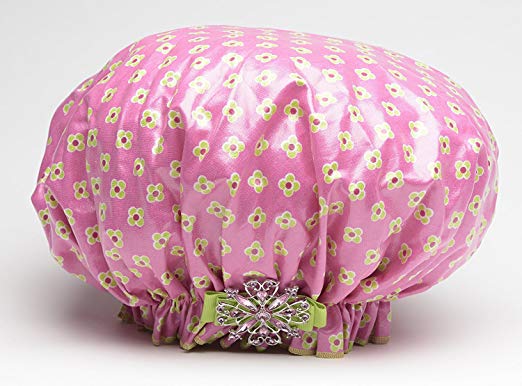 Dry Divas Designer Shower Cap for Women - Washable & Reusable Large Bouffant Bath Cap with Vintage Jeweled Brooch (He Loves Me, He Loves Me Not) - Perfect for Spa, Travel & Hair Care Routine