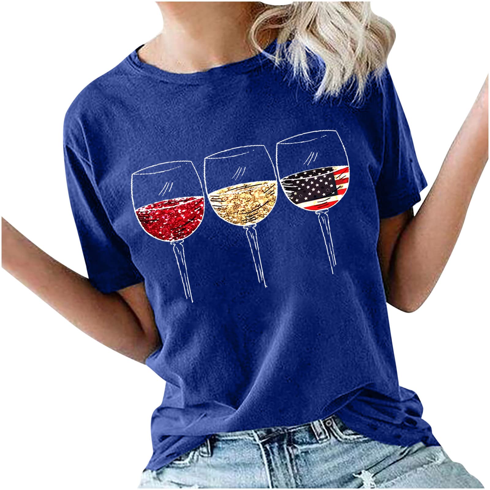 Women's Summer Short Sleeve Tops - Trendy Wine Glass Pattern Crewneck Blouse, Casual Loose Lightweight Tunic Tee Shirts for Beach, Vacation & Everyday Wear