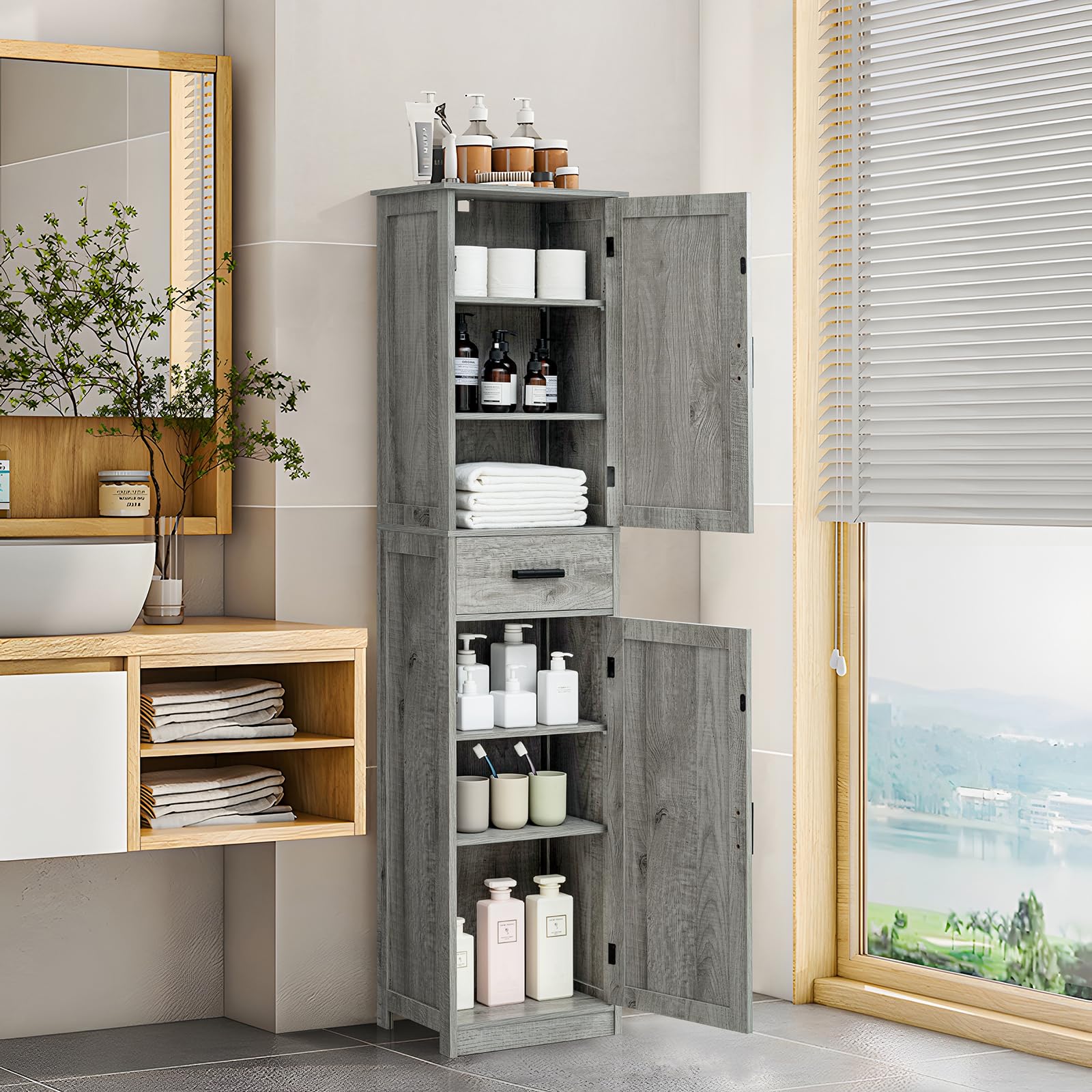 WEENFON 6-Shelf Tall Storage Cabinet with Drawer, Adjustable Shelves for Bathroom, Living Room & Home Office - Rustic Gray UNSNG083C | Space-Saving Narrow Cabinet for Small Spaces & Clutter Organization