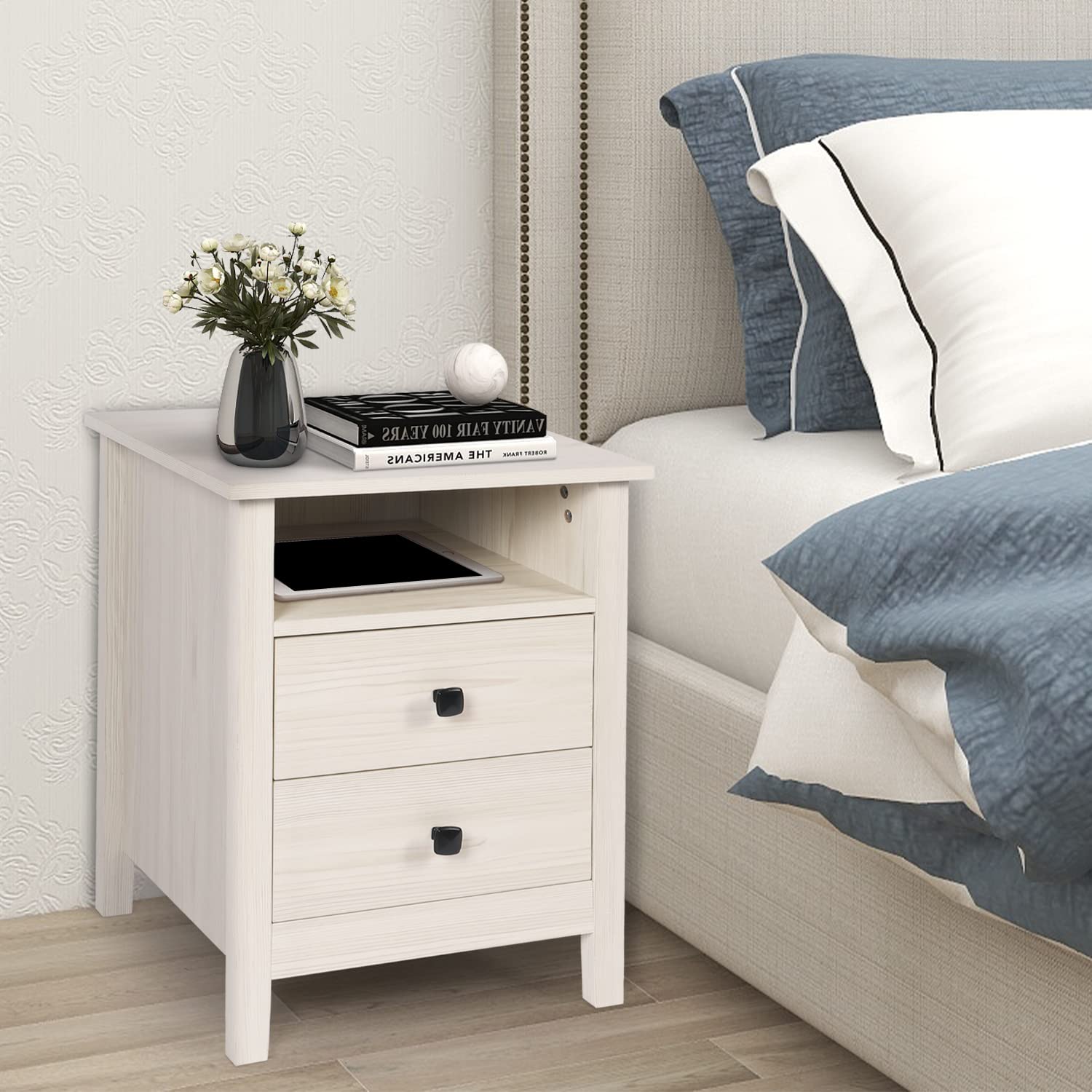 Vikiullf 3-Piece Dresser and Nightstand Set - 7-Drawer Chest & 2-Drawer Nightstands, White Wood Grain Bedroom Storage Furniture for Master Bedroom, Guest Room or Dorm Organization