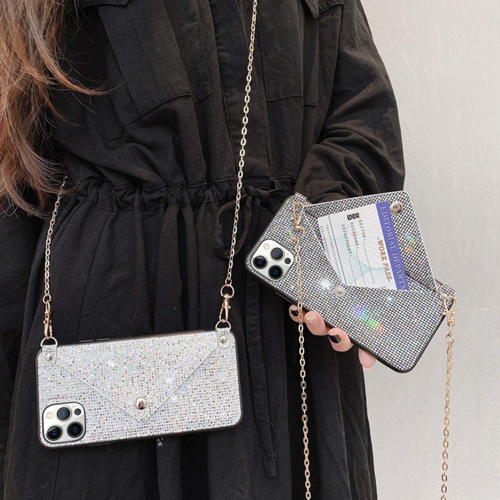 Omorro Sparkling Glitter Diamond & Sequins Hard PC Protective Phone Case with Crossbody Chain for iPhone 13 Pro Max - Stylish Black Cover for Women, Parties, Night Out & Special Occasions
