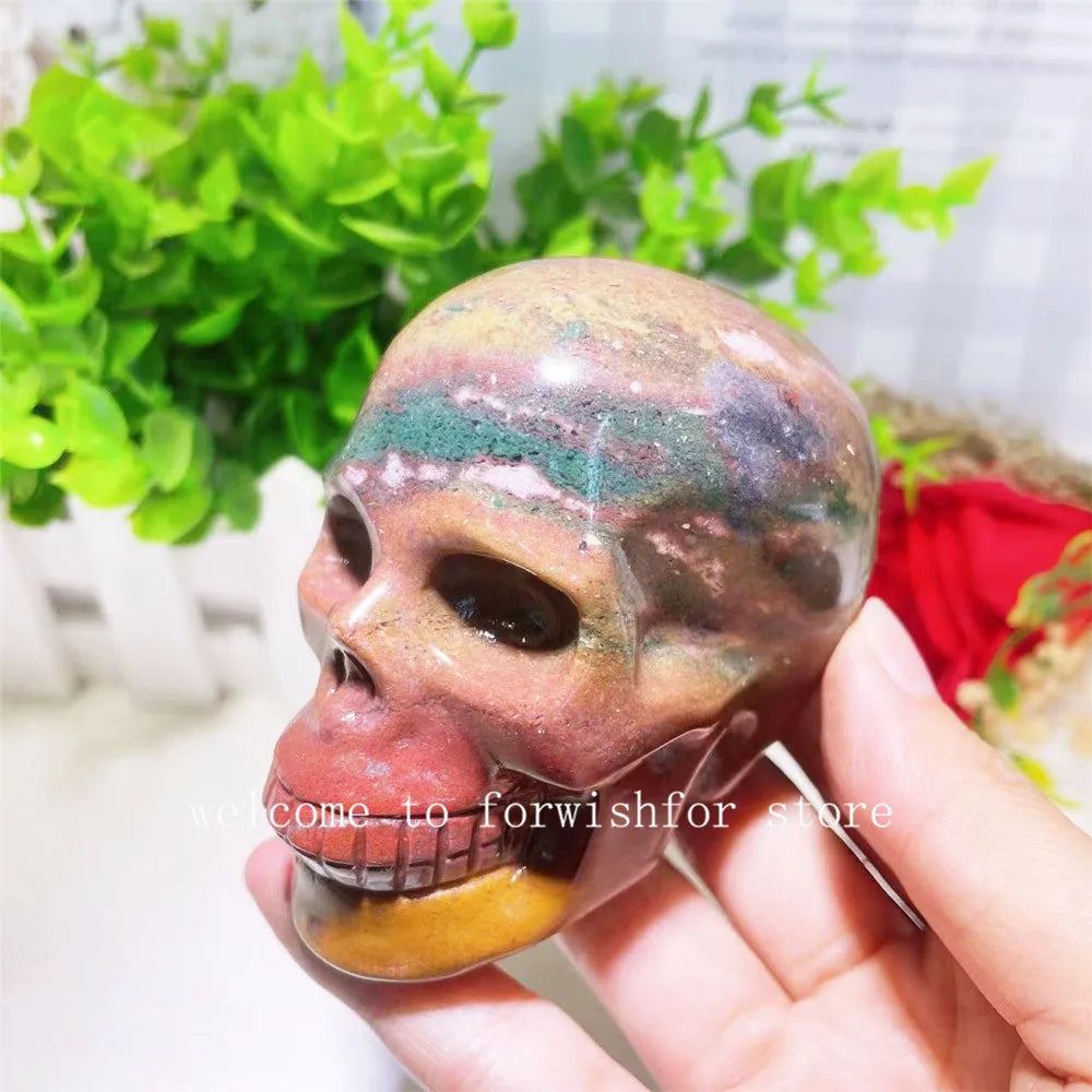 Natural Gem Marine Agate Carved Skull Statue - Handcrafted Home & Office Decor, Unique Halloween Gift & Spiritual Collection - Perfect for Meditation Spaces, Gothic Decor & Witchy Altars