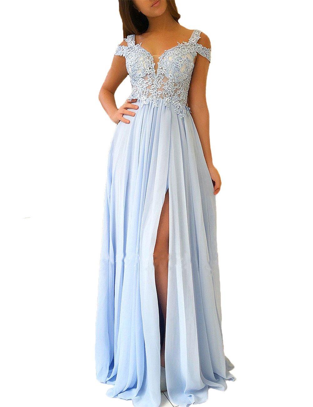 Elegant Women's Lace Appliqued Evening Gowns with Side Split - A-Line Prom Dresses Long for Formal Events, Weddings & Special Occasions
