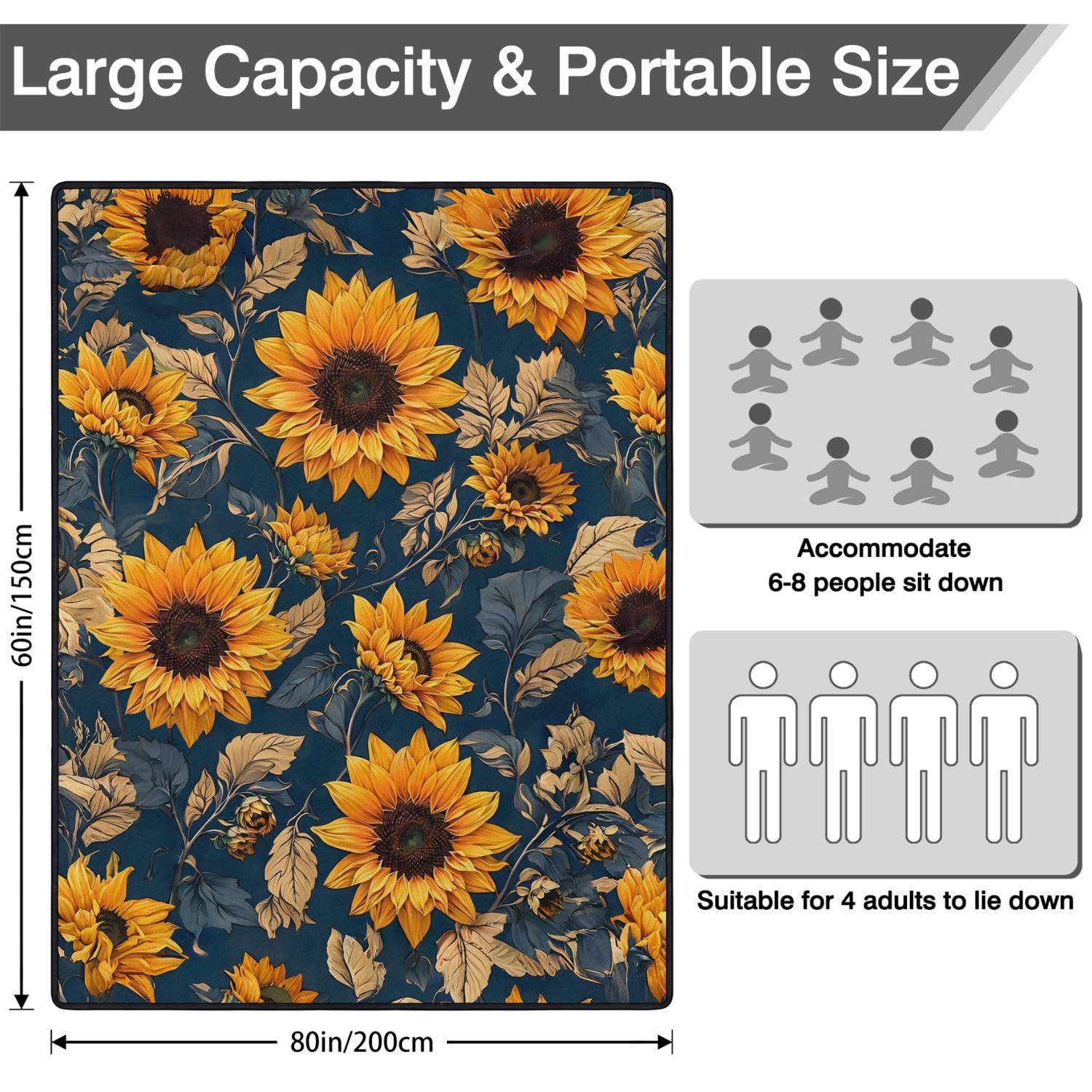 Extra Large Waterproof Picnic Blanket 60x80 Inches - Foldable Sunflower Boho Beach Mat for Outdoor Camping, Hiking & Travel | Thick Floral Rug for Park, Beach, Backyard & Picnics