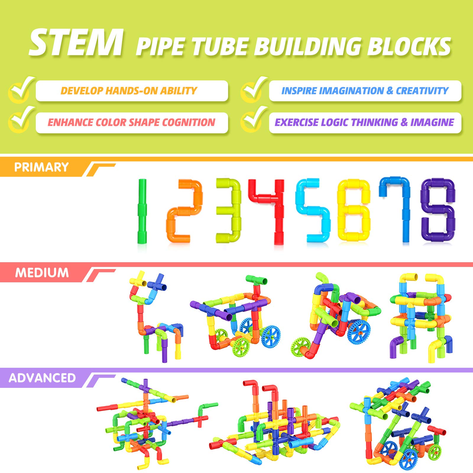 STEM Educational Building Toys for Kids Ages 3+ - 175 Piece Pipe Tube Construction Set with Interlocking Locks & Baseplate | Creative Learning Toys for Toddlers, Boys & Girls | Perfect for Classroom STEM Activities, Birthday Gifts & Early Childhood Development