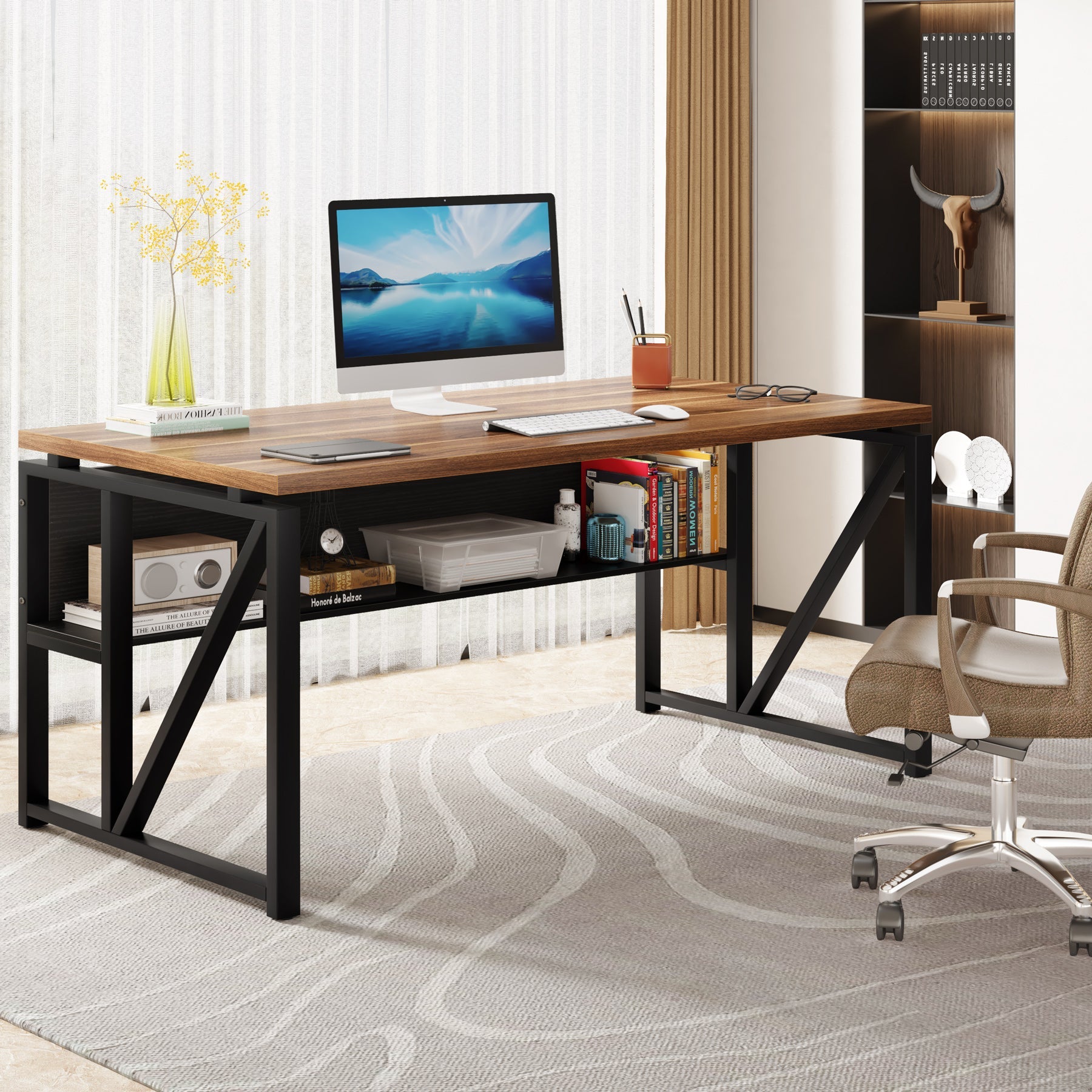 55/63 Inch Computer Desk with Storage Shelf - Sturdy Writing Table for Home Office, Gaming & Study - Perfect for Small Spaces & Workspaces
