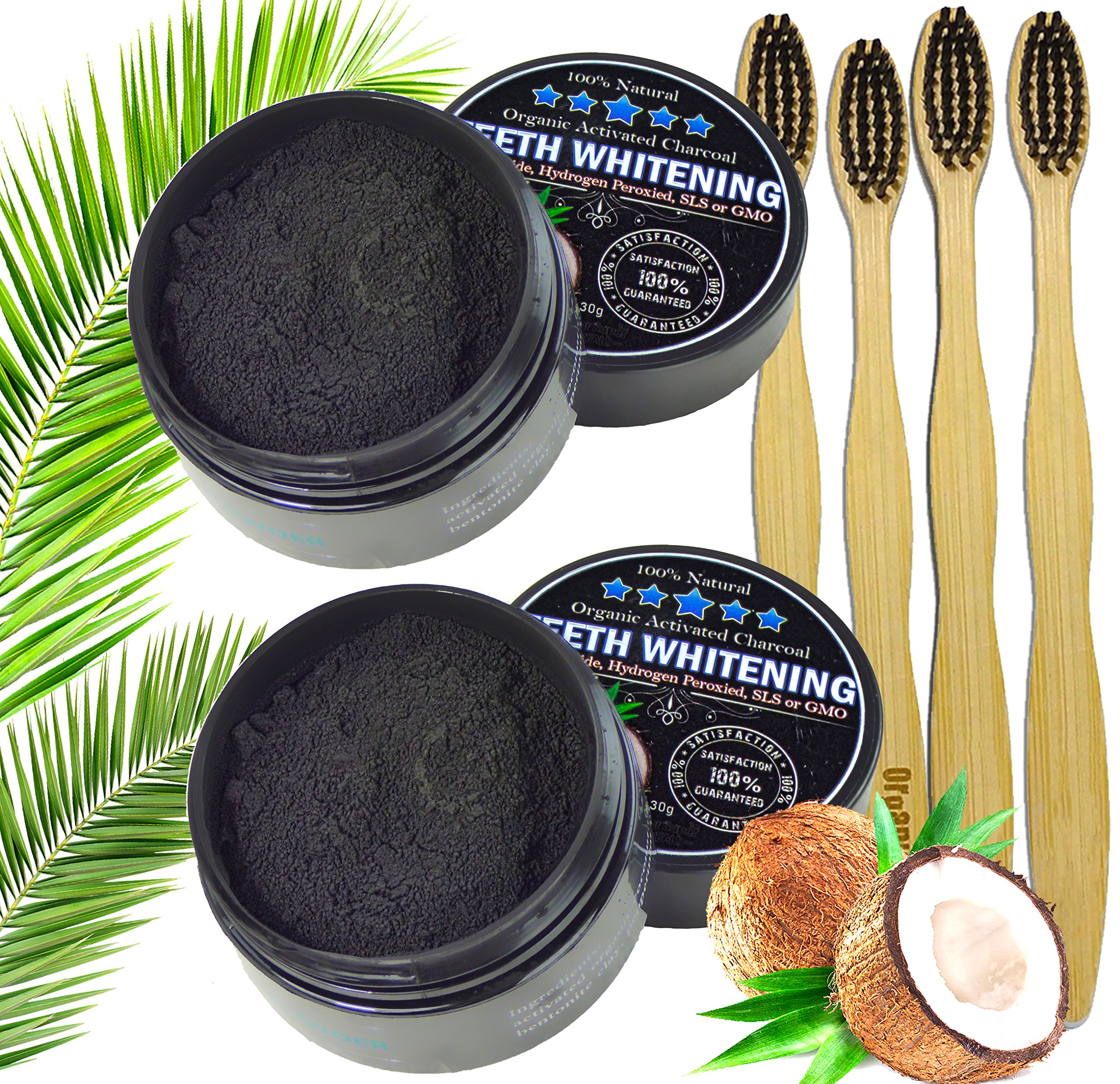 2-Pack Natural Organic Activated Charcoal Teeth Whitening Powder with 4 Bamboo Toothbrushes - Whitens Teeth, Removes Stains & Freshens Breath - Eco-Friendly Dental Care for Home & Travel Use