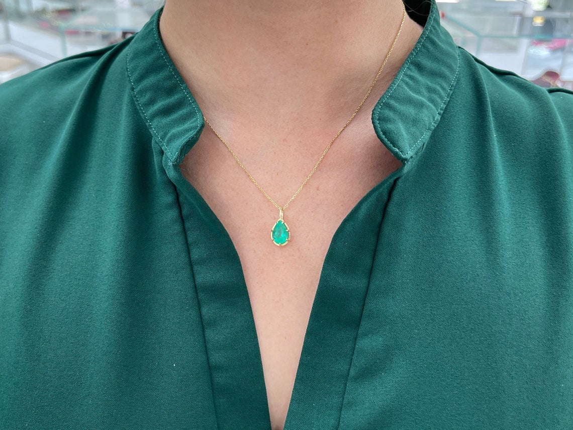 2.30 Carat Teardrop Emerald Solitaire Pendant in 14K Gold - Elegant Necklace for Women, Perfect for Weddings, Anniversaries & Special Occasions