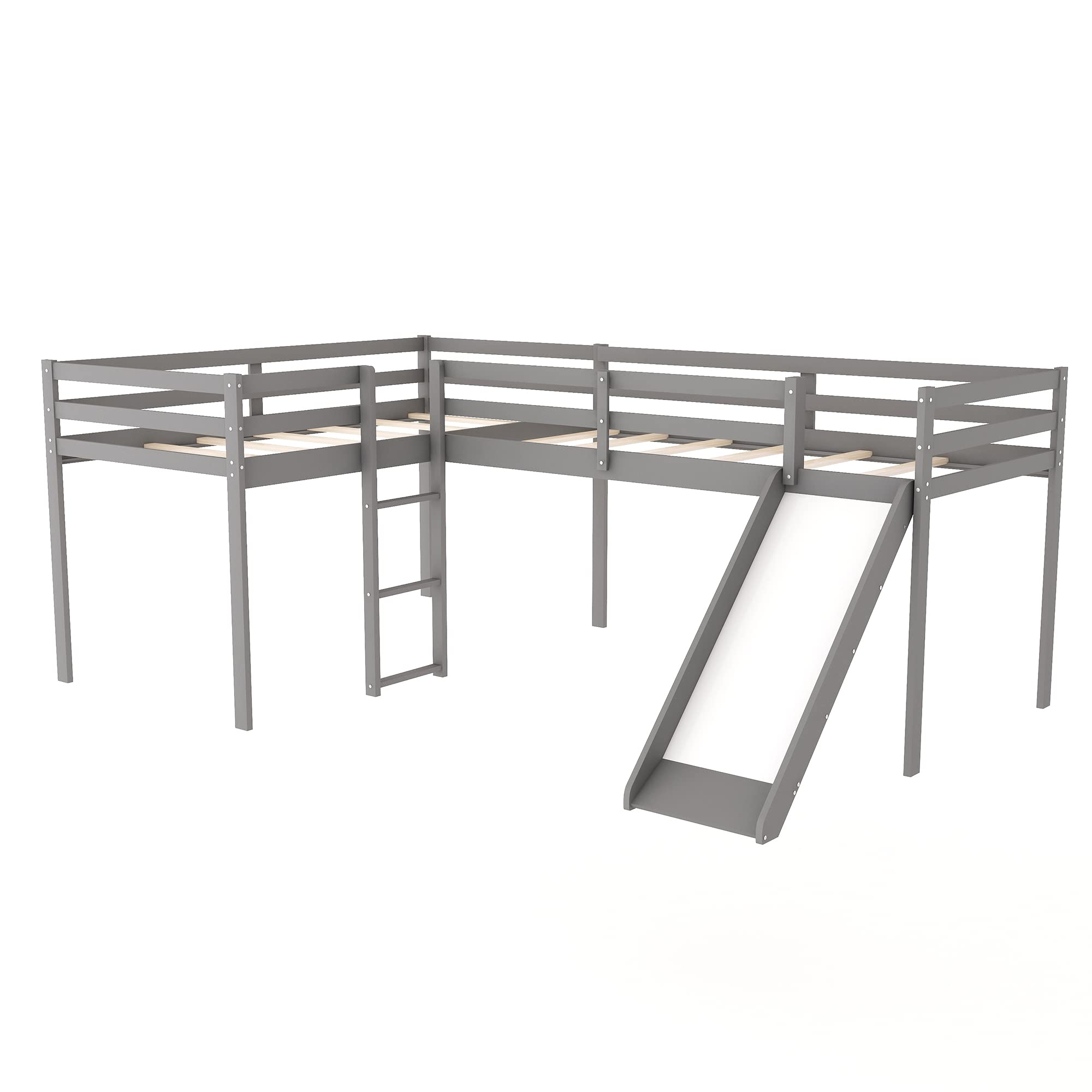 Harper & Bright Designs L-Shape Loft Beds with Slide & Ladder - Twin Size Wooden Bunk Bed Frame for 2 Kids, Space-Saving Corner Loft Bed for Girls, Boys & Teens (Grey) - Perfect for Small Bedrooms, Playrooms & Shared Kids' Rooms