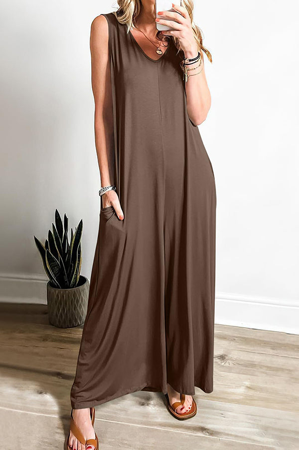 Solid Color V-Neck Sleeveless Loose Pocket Wide Leg Jumpsuit for Women - Casual Summer Outfit, Beach Cover Up, Vacation Wear