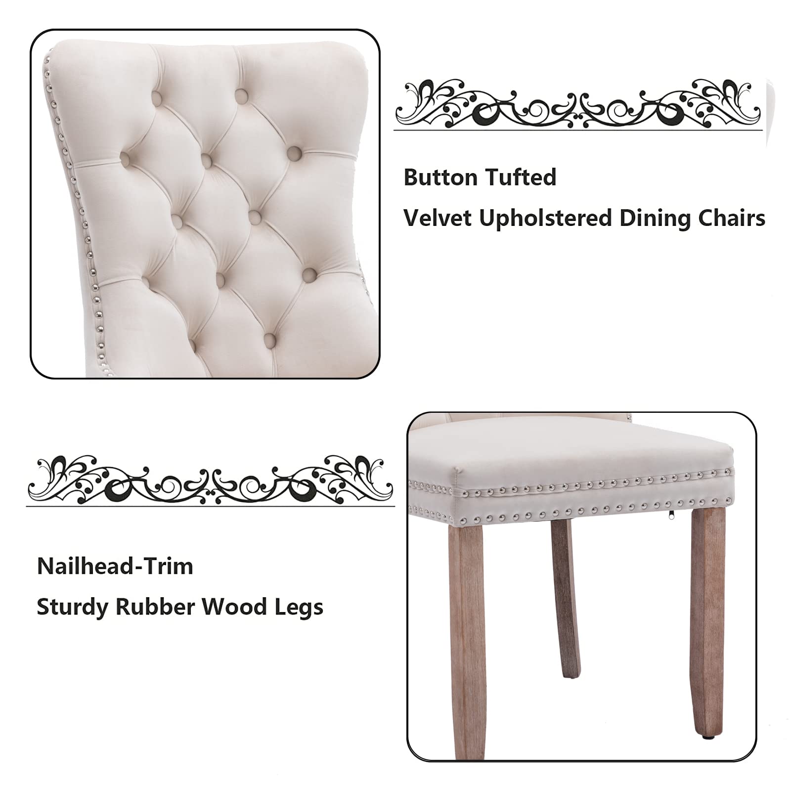 Aoowow 2-Piece Velvet Upholstered Dining Chairs Set - Wingback Armless Side Chairs with Button Tufted Design & Solid Wood Legs for Kitchen, Dining Room - Elegant Beige Home Decor for Modern Living Spaces