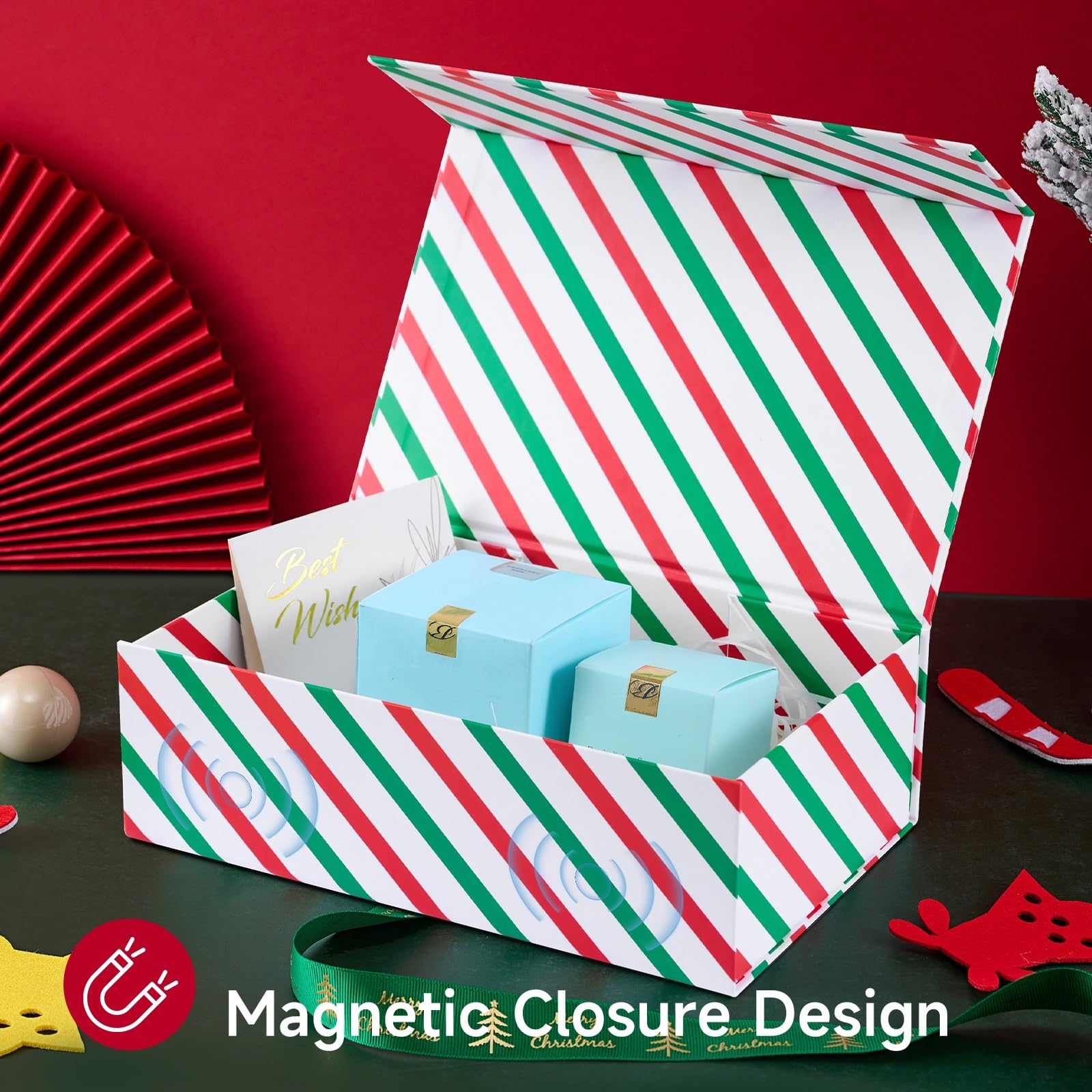 Magnetic Gift Box for Christmas, Birthday & Wedding - Striped Present Packaging for Home & Party Decor