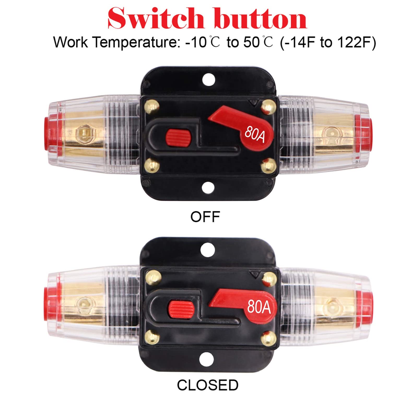 2 Piece 80A 12V Audio Inline Circuit Breaker with Manual Reset - 80 Amp Inline Fuse for 0-8 Gauge Wires - Perfect for Car Audio Systems, Marine Stereo, and Solar Inverter Protection