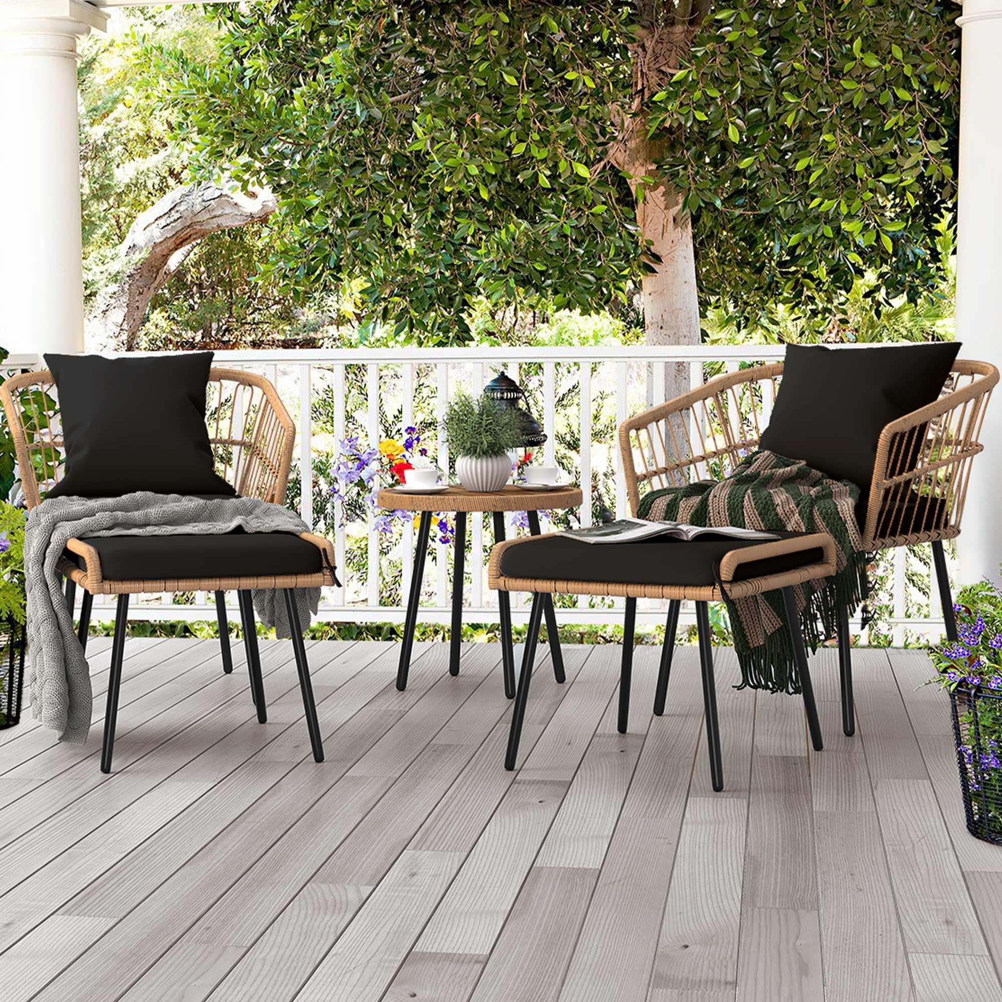 YITAHOME 5-Piece All-Weather Outdoor Wicker Furniture Set - Patio Bistro Set with Footrest, Coffee Table & Ottomans, Black - Perfect for Small Balcony, Garden or Backyard Relaxation