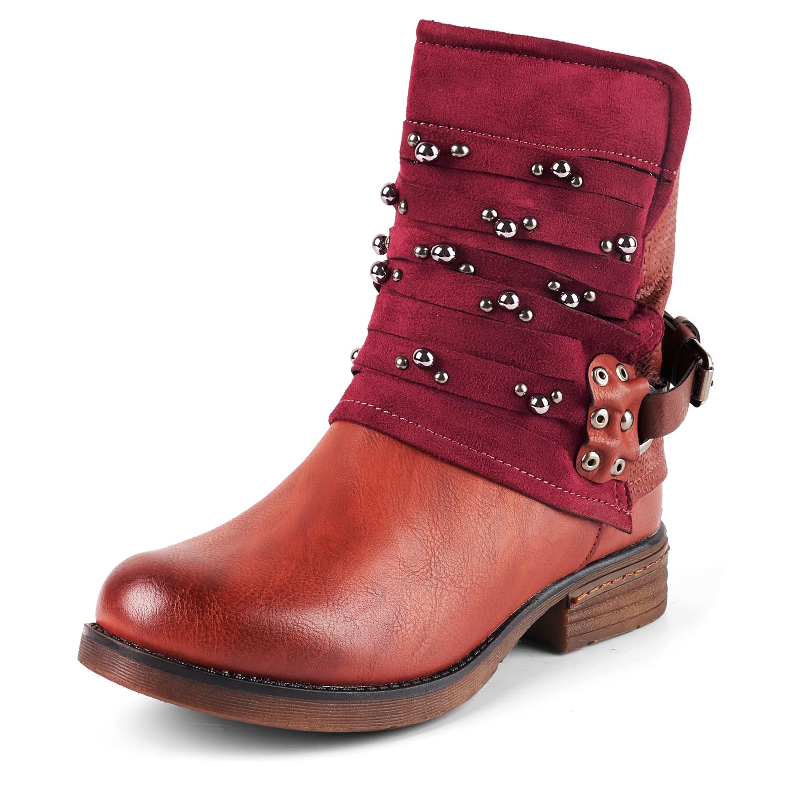 LALA IKAI Women's Chunky Heel Combat Boots - Studded Motorcycle Ankle Booties with Block Heel | Stylish Biker Shoes for Riding, Night Out & Street Fashion