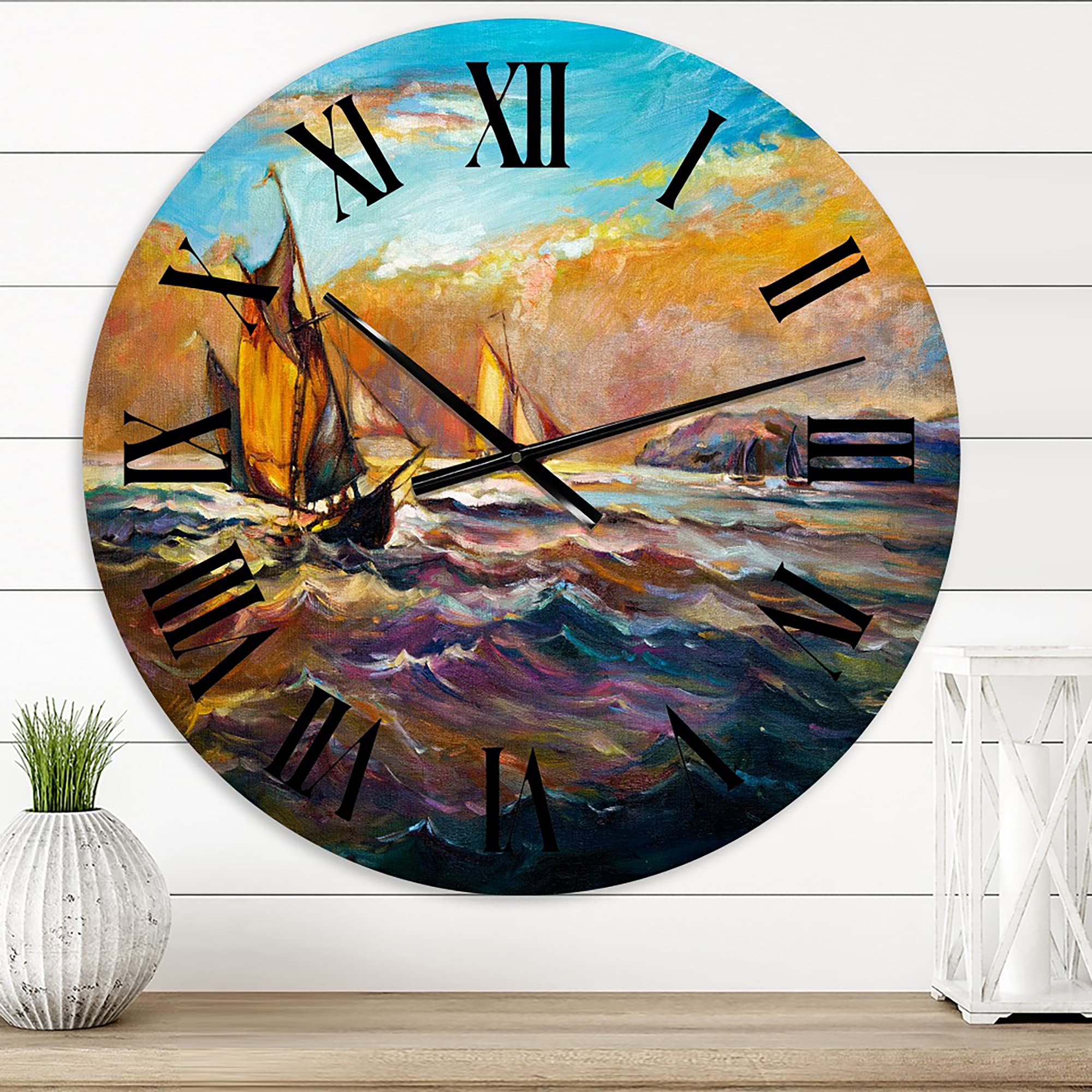 DesignQ Nautical & Coastal Wall Clock - 'Boats On The Ocean During Evening Sunset II' - 12 Inch Round Orange Wall Clock for Kitchen, Living Room, Office & Beach House Decor | Perfect for Coastal & Nautical Themed Interiors