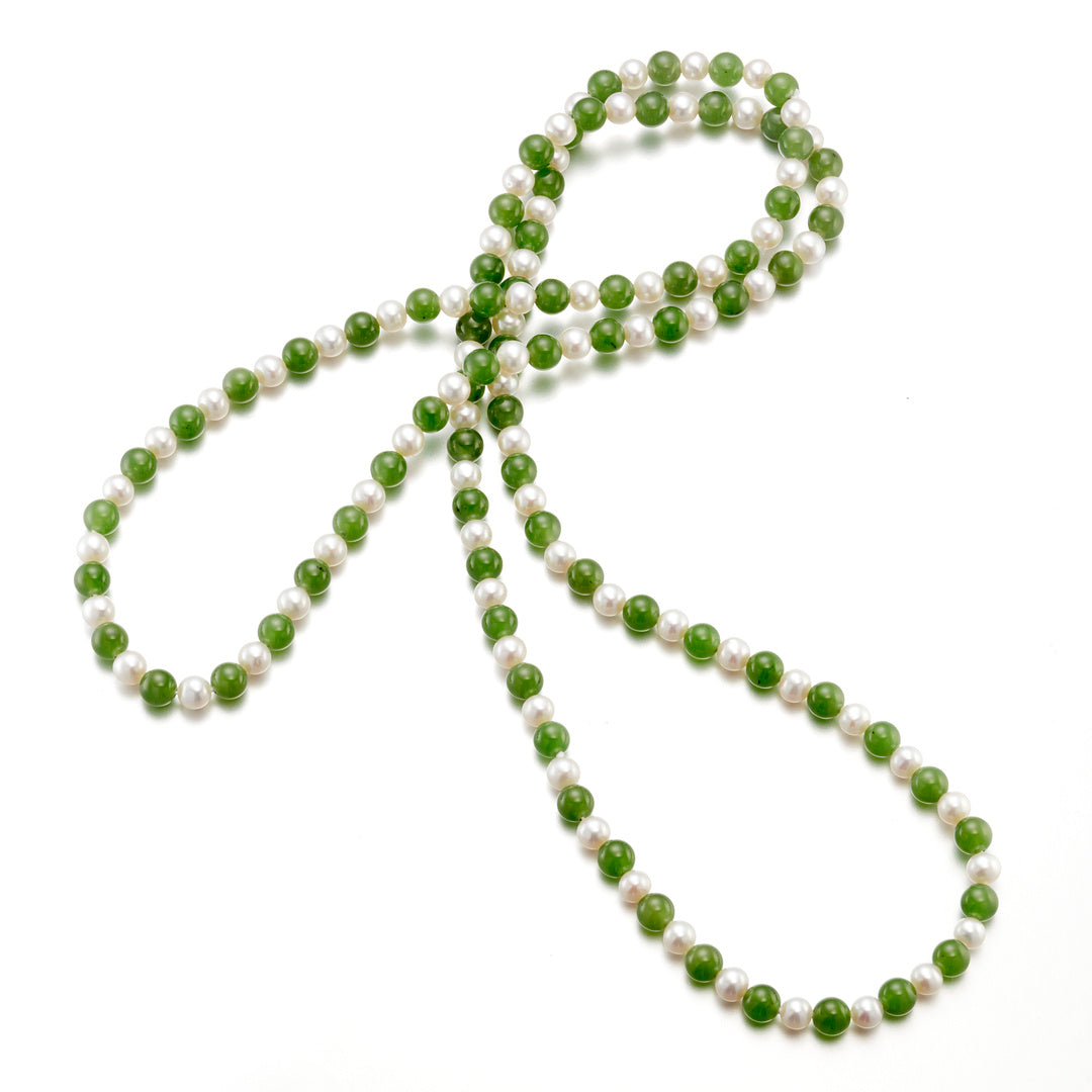 5mm Green Jade Bead & White Pearl Rope Necklace - Elegant Boho Jewelry for Women, Gift for Her | Perfect for Weddings, Parties & Everyday Wear