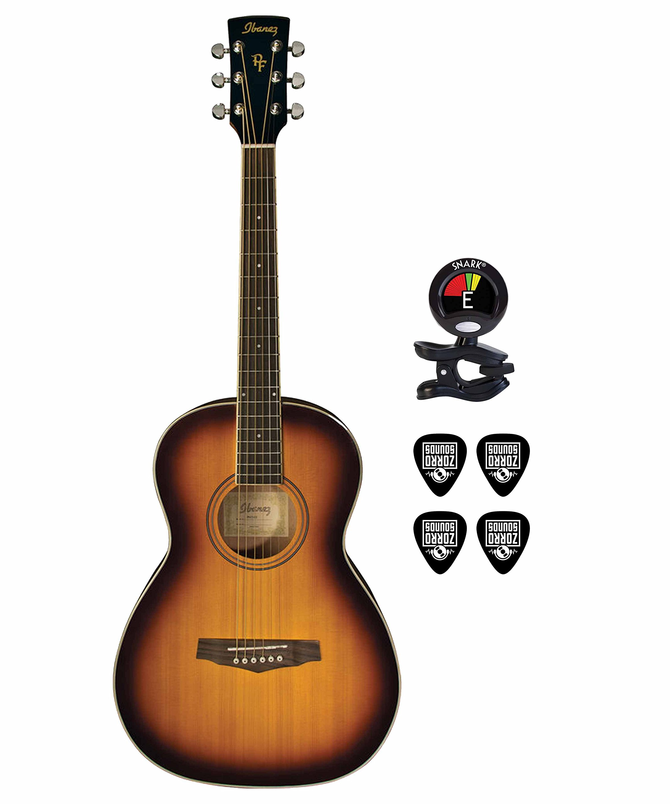 Ibanez PN15BS Parlor Size 6-String Acoustic Guitar Bundle - Spruce Top, Brown Sunburst Finish with Clip-On Tuner & Instrument Cable - Perfect for Travel, Camping & Home Practice