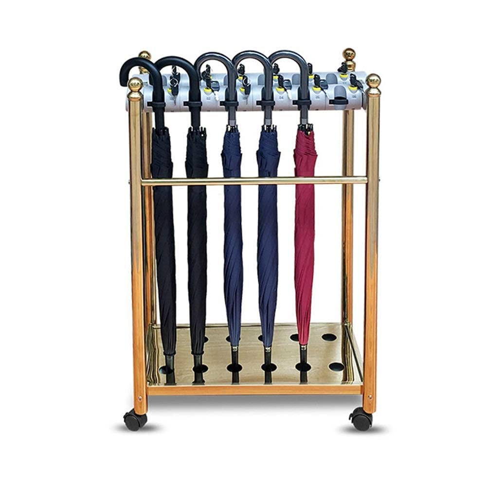 Premium Gold Rectangle Umbrella Stand with Wheels & Lock - Modern Metal Commercial Organizer Holder with Drip Tray for Office, Hotel, Market & Home Entryway - Perfect for Wet Umbrella Storage in High-Traffic Areas