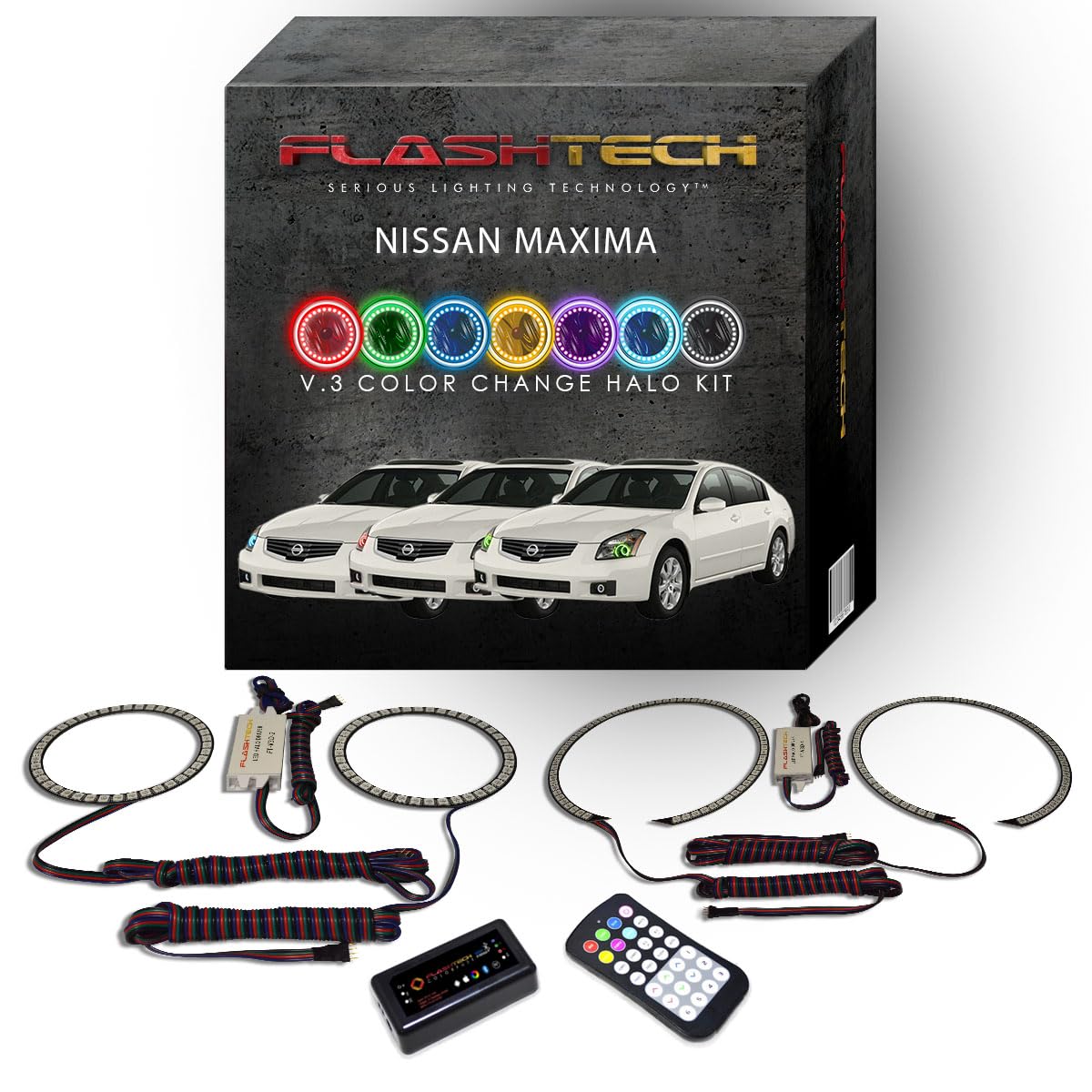 Flashtech LED RGB Multi-Color Halo Ring Headlight Kit with ColorFuse Bright Bluetooth RF Remote & APP Control - Compatible with Nissan Maxima 2007-2008 | Upgrade Car Lighting for Night Driving & Custom Styling