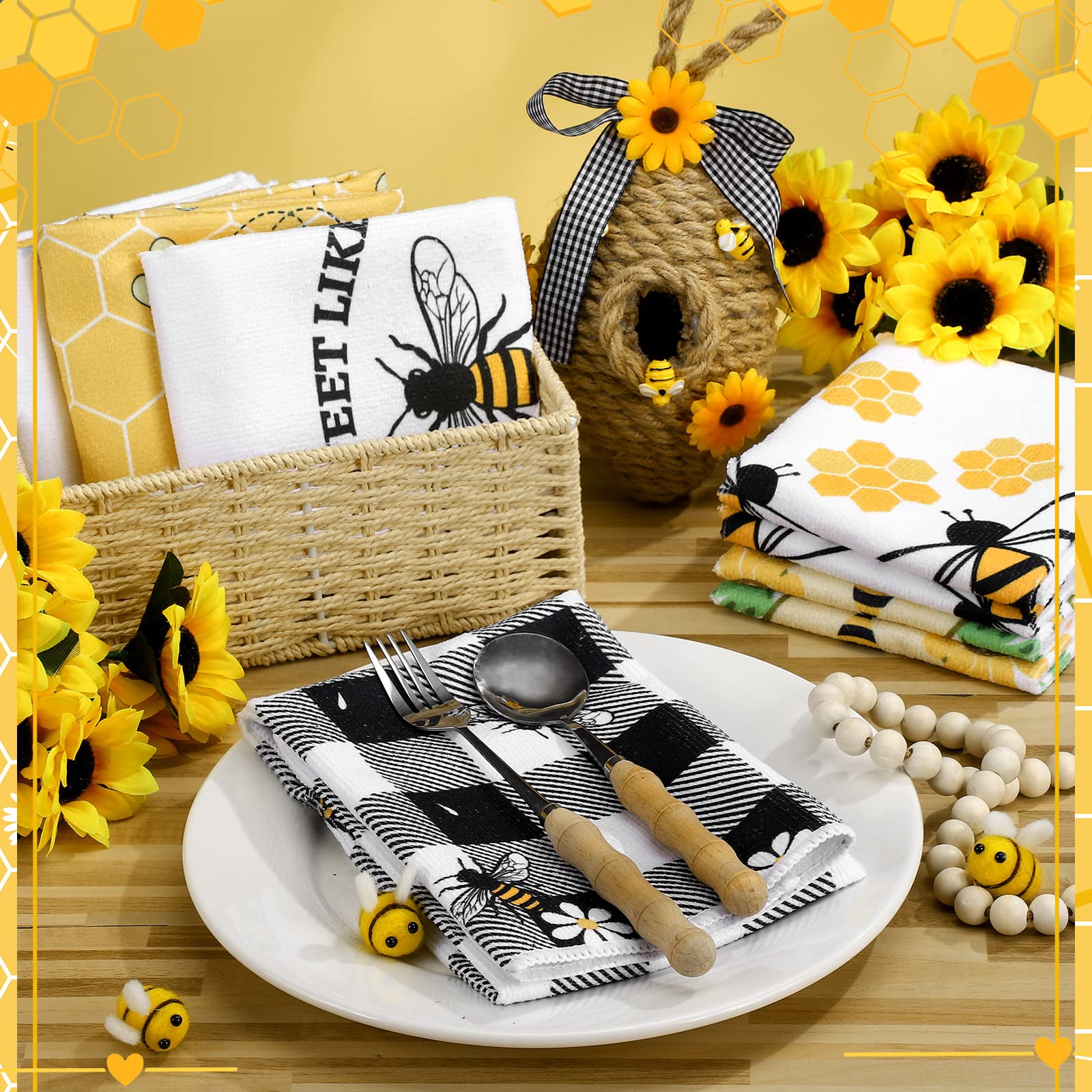 Oudain 6-Pack Honey Bee Kitchen Towels - 15.8x23.6 Inch Absorbent Dish Cloths & Tea Towels - Cute Bee-Themed Home Decor for Kitchen, Bathroom - Perfect Housewarming Gift for Bee Lovers (Use for Drying Dishes, Decorating Farmhouse Kitchen, Hostess Gifts)