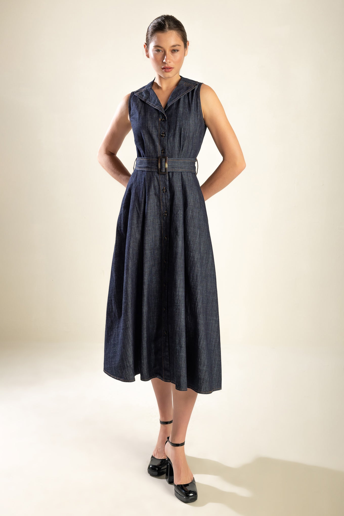 OASIS OF CALM Indigo A-Line Denim Midi Dress - Perfect for Casual Outings, Brunch Dates & Summer Fashion