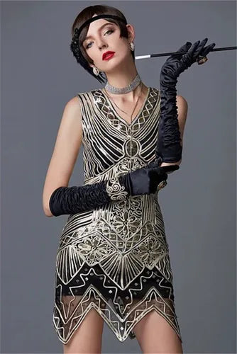 1920s Women's Sequin Flapper Dress - Gold Thread Embroidery & Tassel Details - Sleeveless Vintage Gatsby Party Dress - Perfect for Roaring 20s Themed Events, Costume Parties & Jazz Age Celebrations