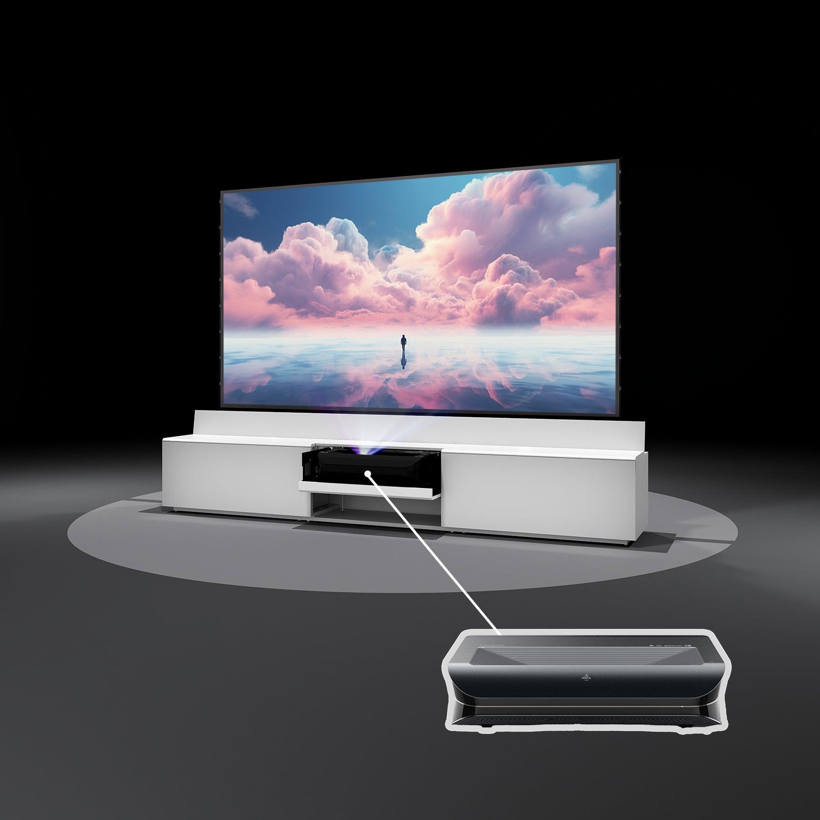 VIVIDSTORM Ultra HD Laser Projector Bundle with Motorized Screen & Hidden TV Cabinet - 4K Home Theater System for Living Room & Movie Nights