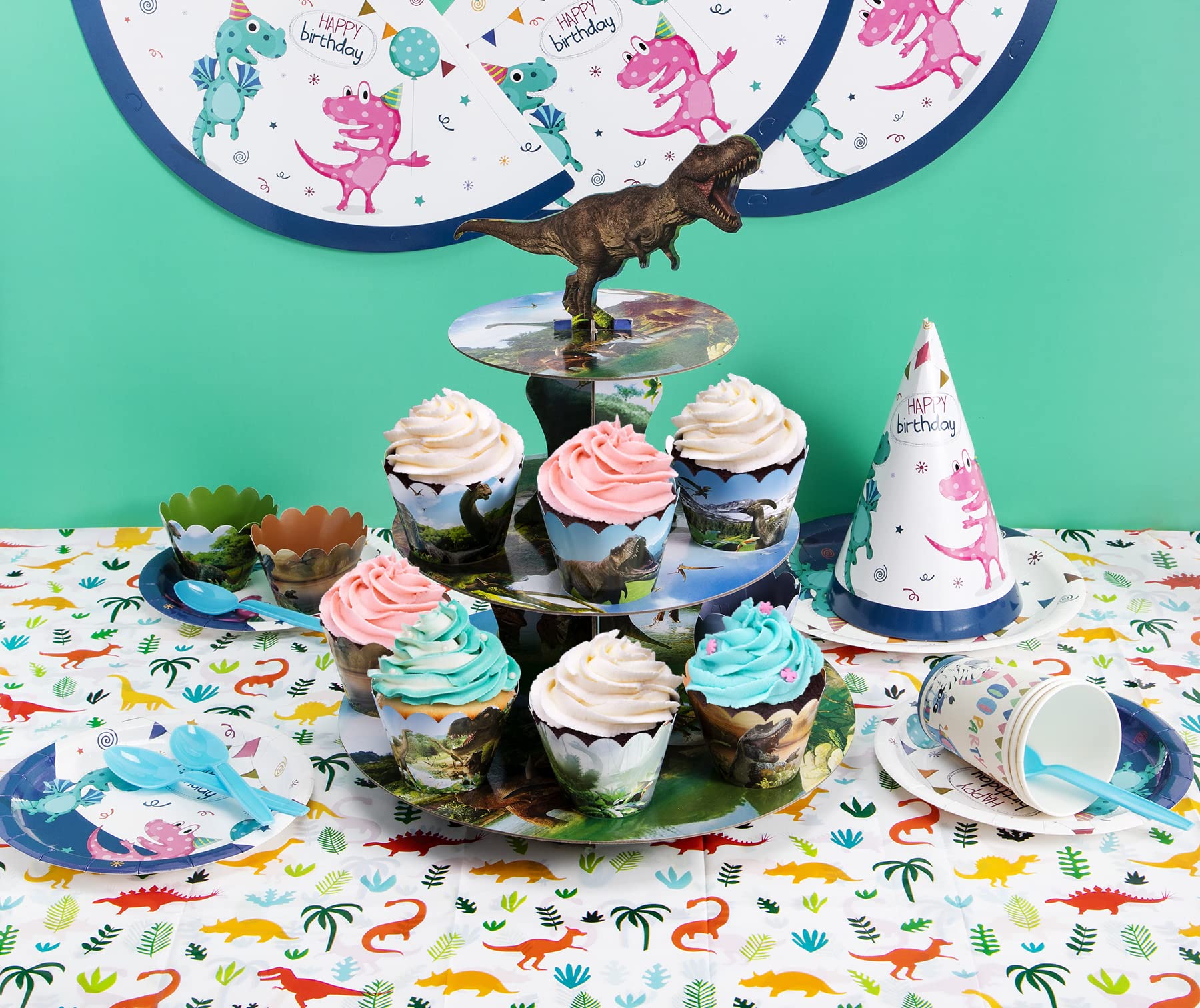 3-Tier Dinosaur Cupcake Stand for Birthday Parties - Holds 24 Cupcakes | Dinosaur Theme Party Decor for Boys & Kids | Perfect for Birthday Cakes, Desserts & Sweet Table Displays