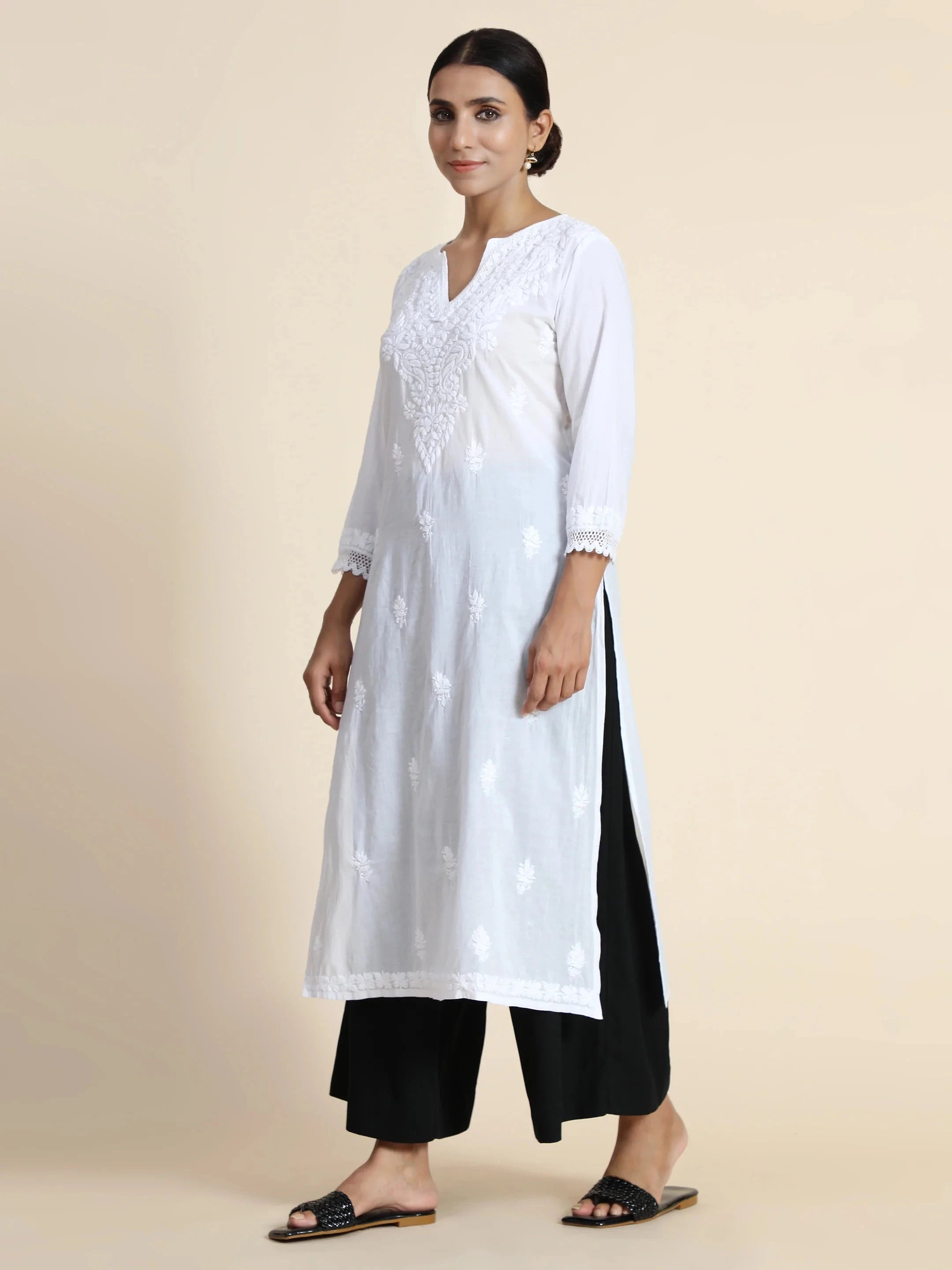 Sharmin HOK Chikankari Long Kurti for Women - White Traditional Indian Embroidered Tunic Top - Perfect for Festivals, Weddings & Ethnic Occasions