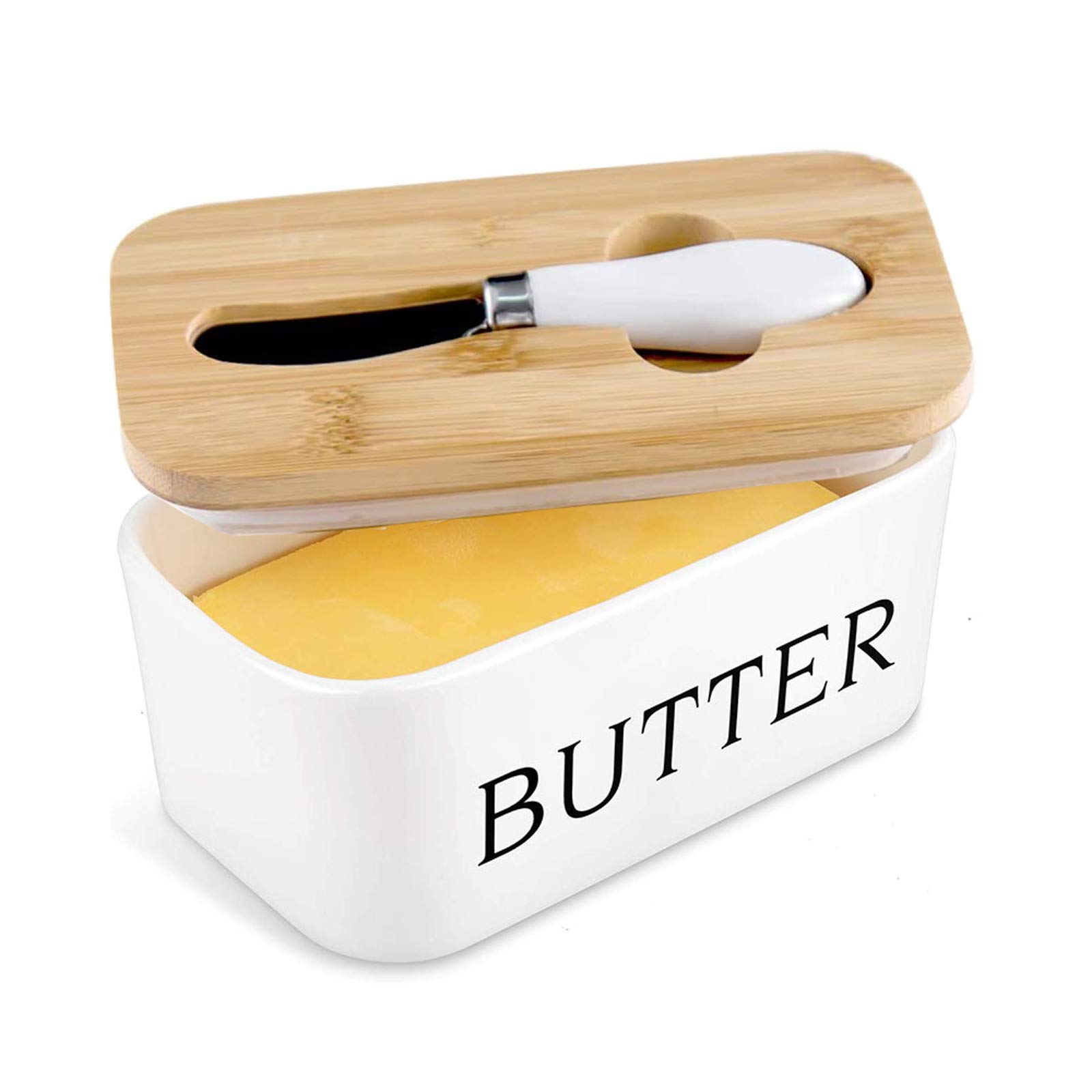 Ceramic Butter Dish with Lid - Large Butter Keeper Container with Bamboo Cover & Silicone Seal - Includes Butter Knife - Perfect for Kitchen, Dining Table, and Gift Giving - Ideal for Keeping Butter Fresh at Room Temperature