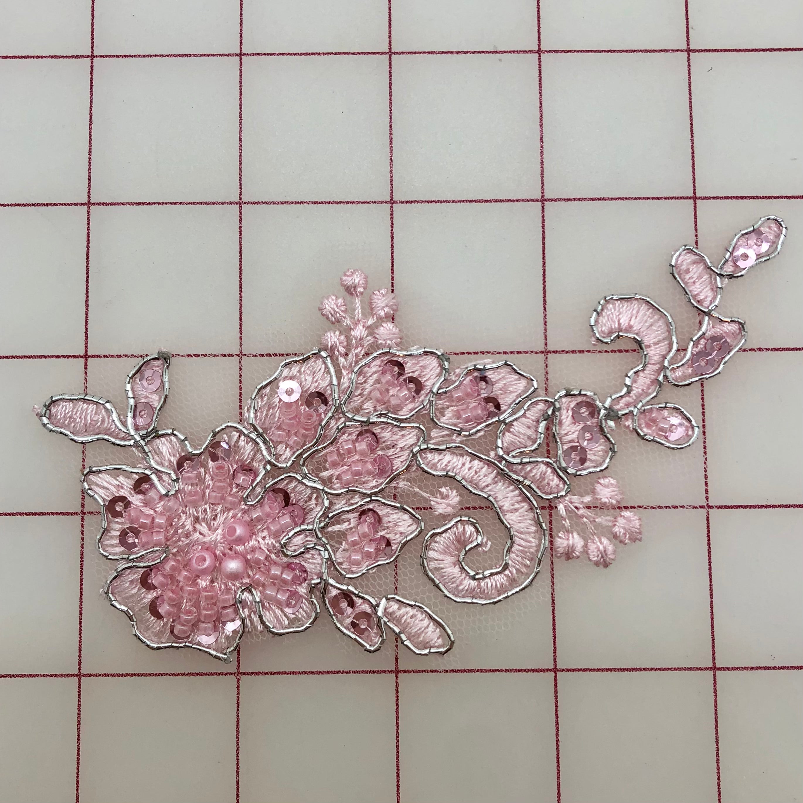 Beaded and Sequined Pink & Silver Floral Applique Pairs - Handmade Embroidered Patch for DIY Clothing, Costumes, and Home Decor