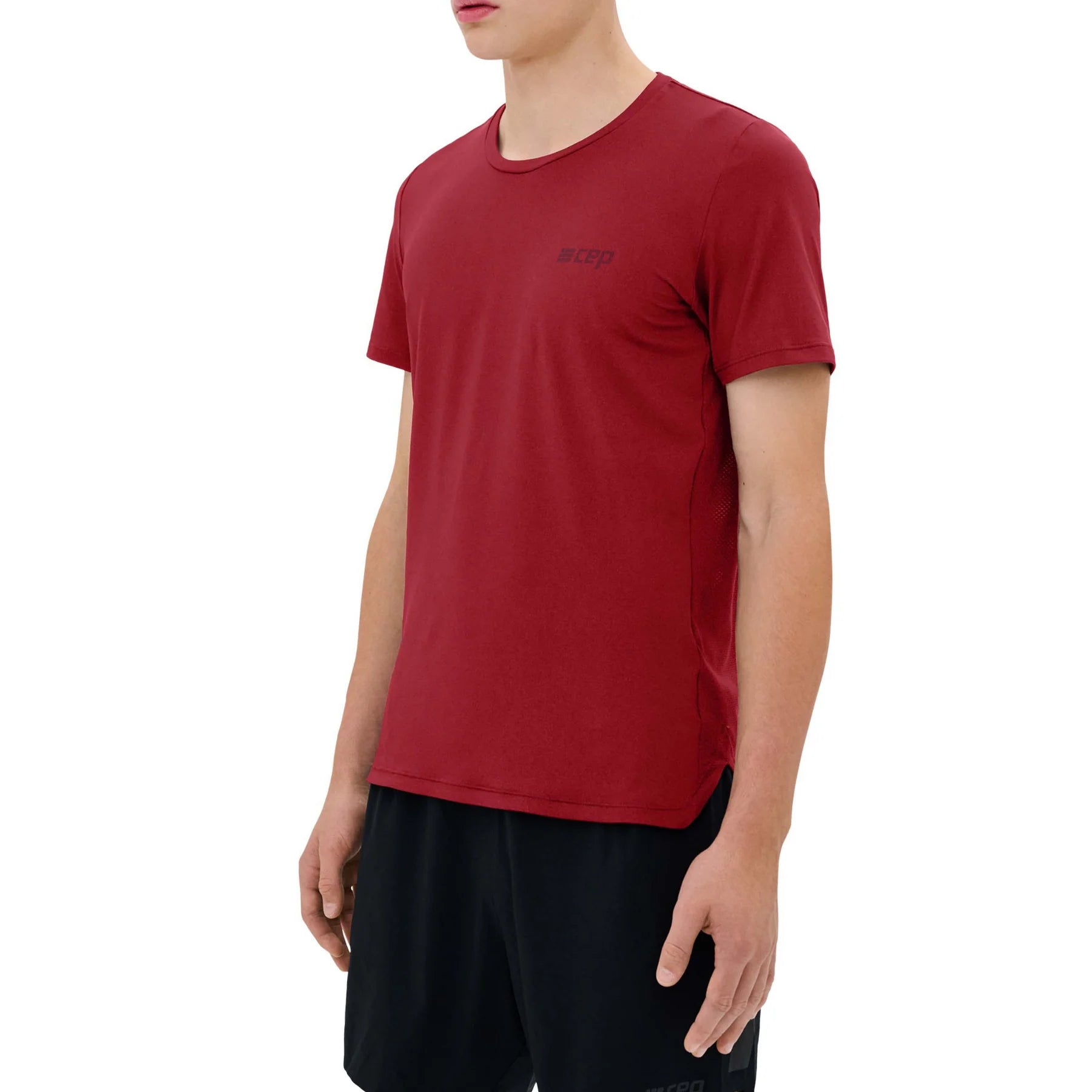 CEP Men's The Run Shirt Round Neck Short Sleeve V5 - Moisture Wicking Athletic Performance Top for Running & Gym Workouts - Dark Red
