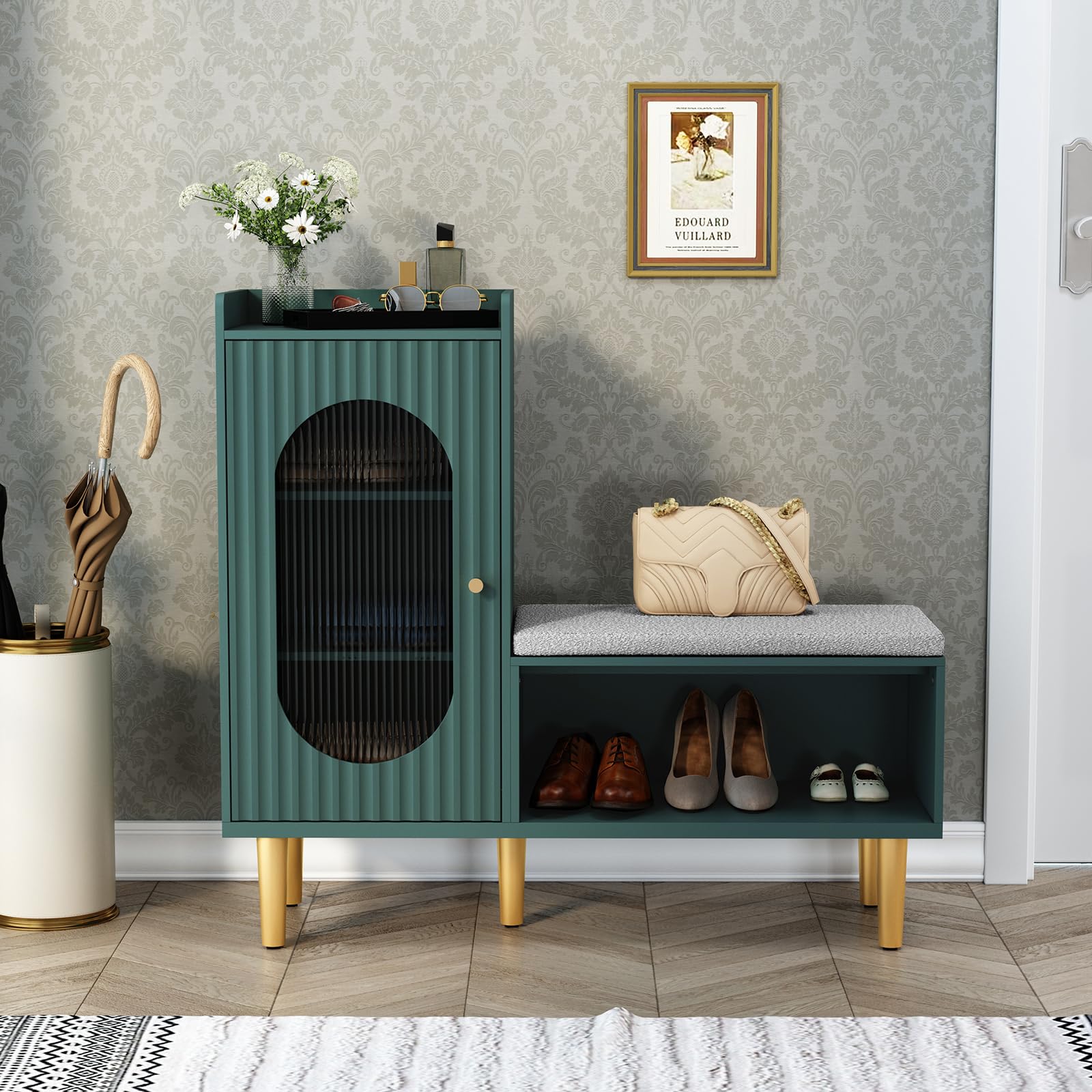 Modern HLR Storage Bench with Glass Door & Shelf - L-Shaped Entryway Shoe Cabinet with Padded Seat, Green Storage Cabinet for Hallway, Bedroom, Living Room & Office - Perfect for Small Space Organization & Entryway Seating
