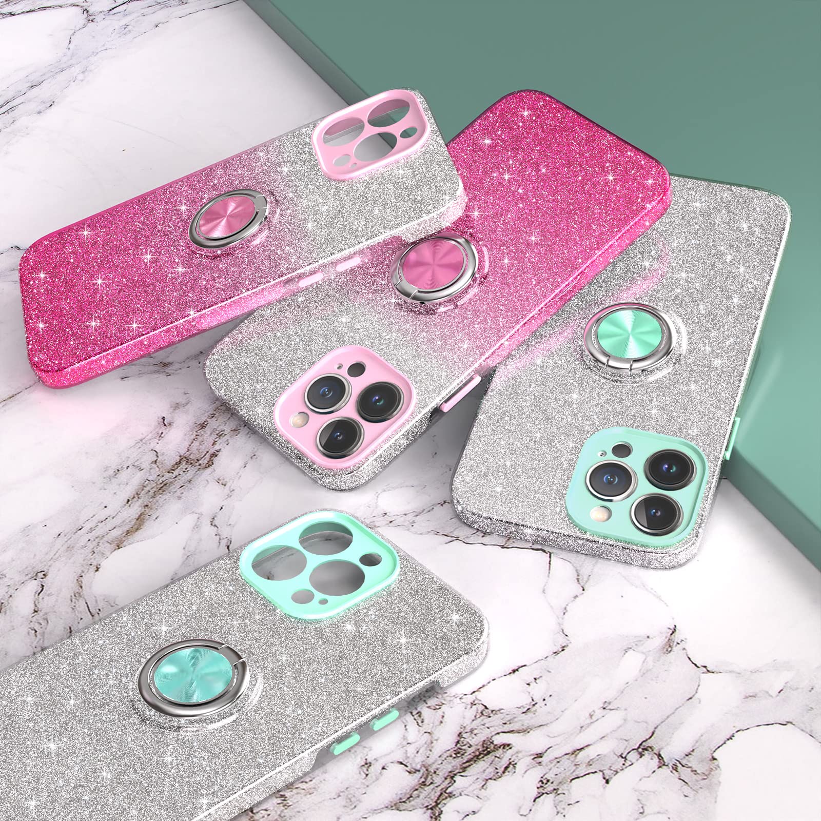 Sparkly Glitter iPhone 12 Pro Max Case with 360° Ring Holder & Magnetic Car Mount | Slim Shock-Absorbent Protective Cover for Women (6.7