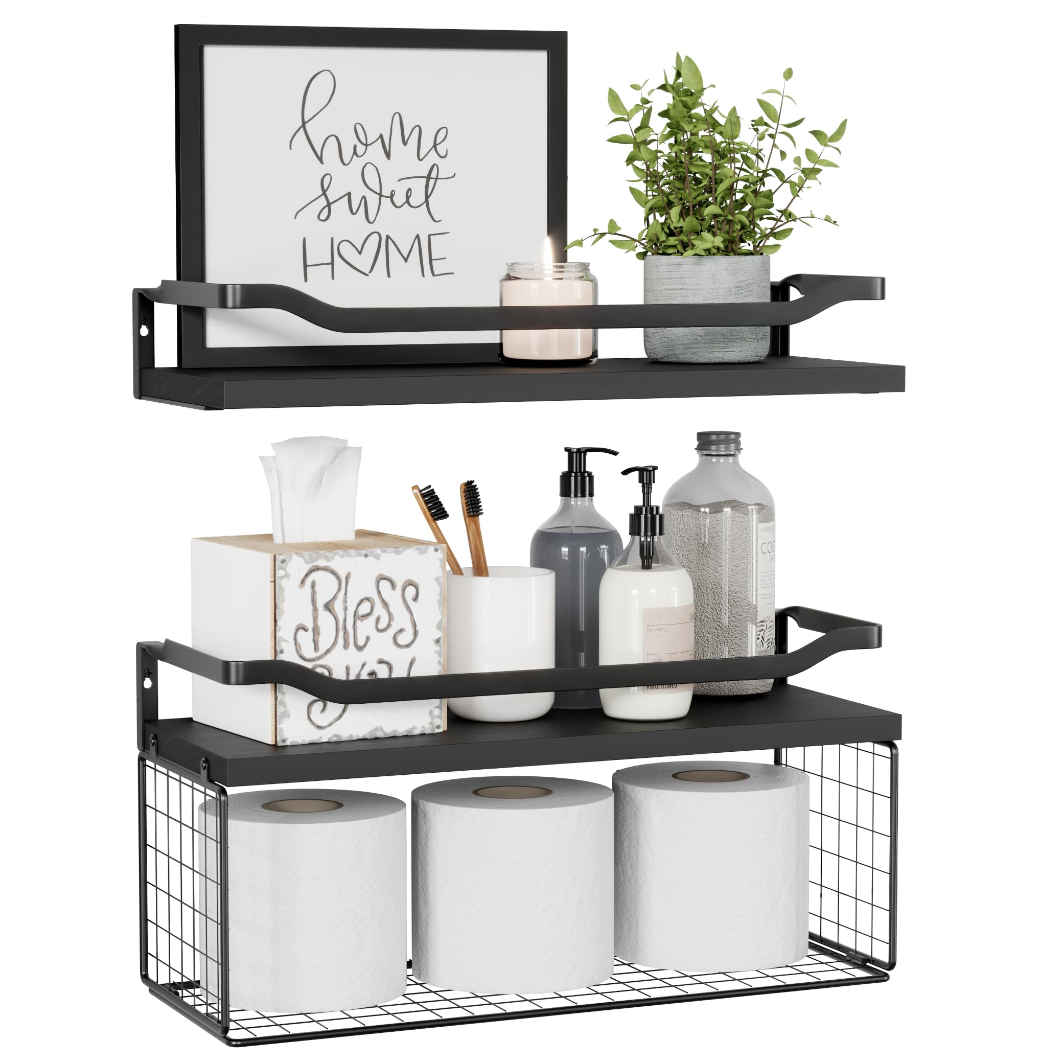 WOPITUES Floating Shelves with Wire Storage Basket - Over Toilet Bathroom Shelves with Metal Guardrail - Wood Wall Shelves for Bathroom, Bedroom & Living Room - Toilet Paper Holder - Black (Perfect for Small Space Organization & Stylish Home Decor)