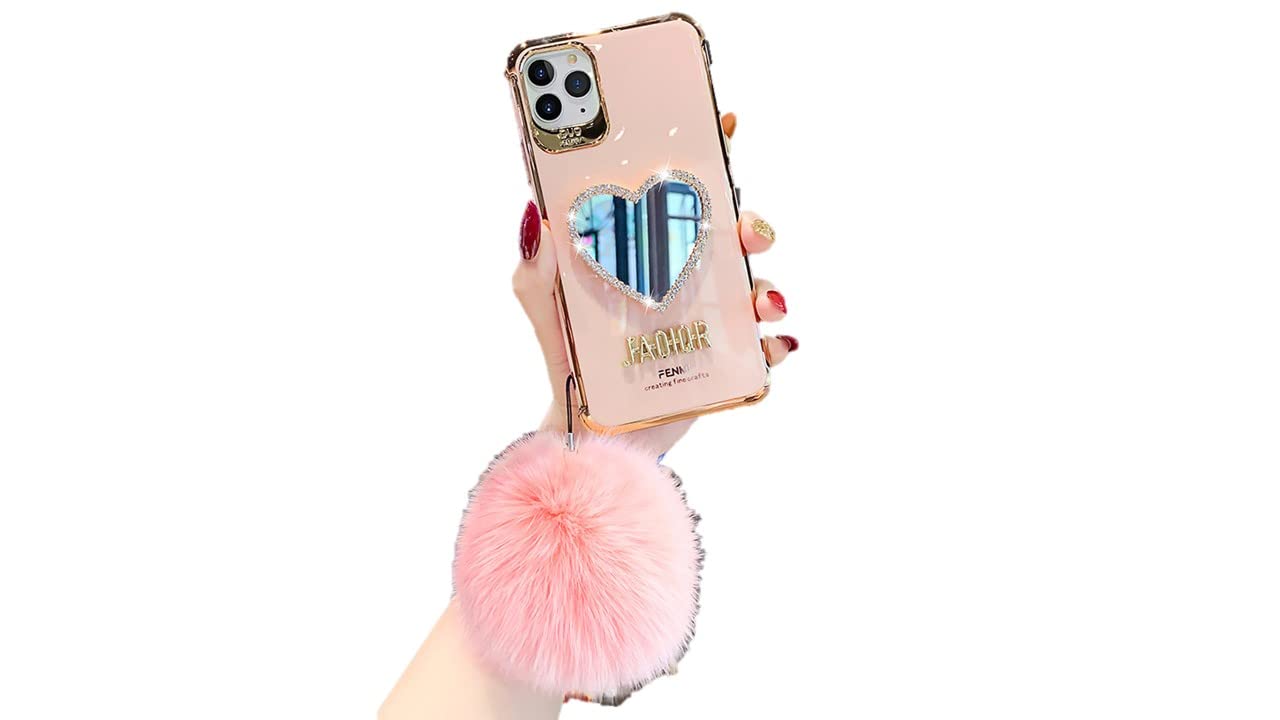 Luxury Bling Heart Shaped Mirror Phone Case for iPhone 13 Pro Max - Glamorous Coral Pink Makeup Case with Hair Ball | Perfect for Makeup Touch-Ups, Selfies & Night Out Accessories