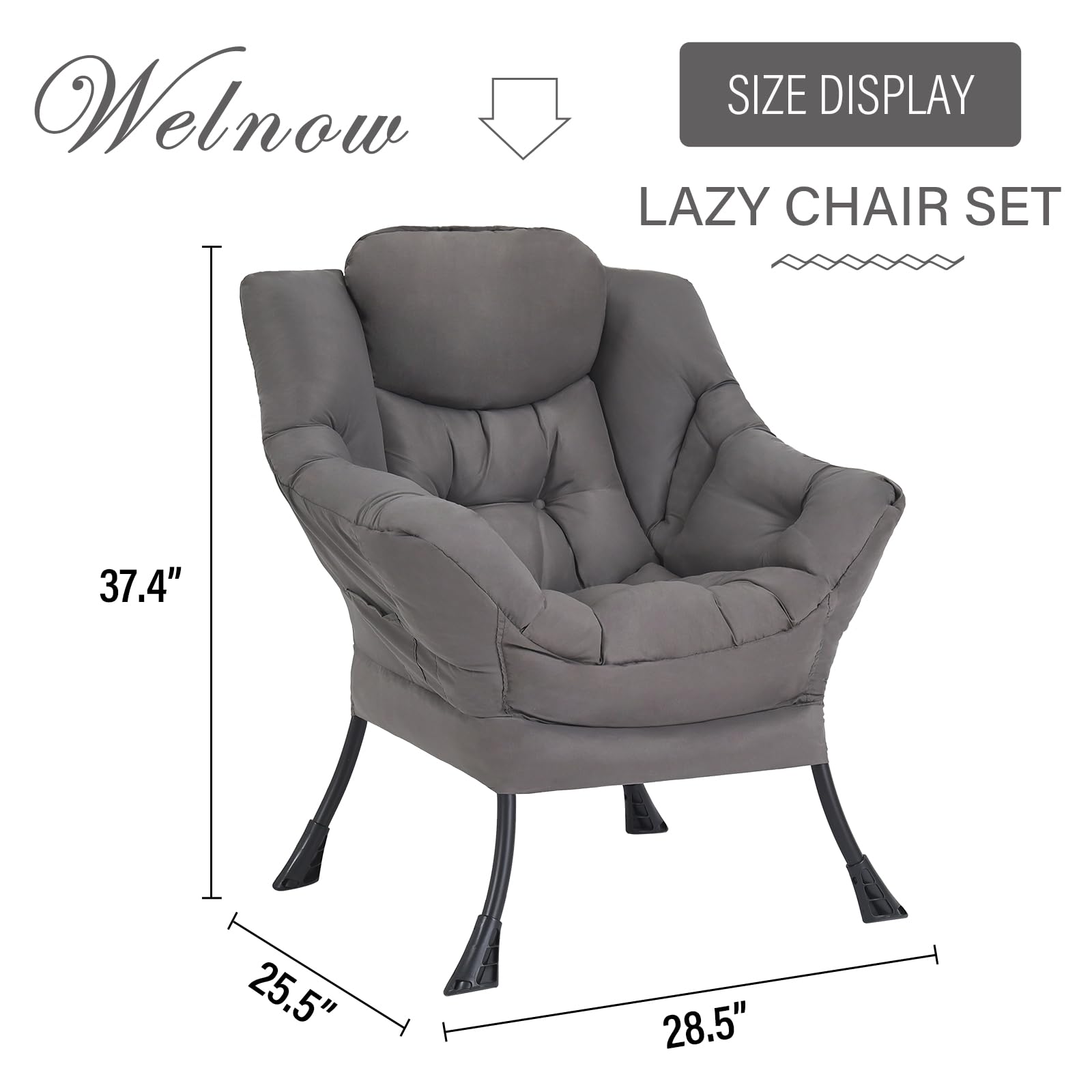 Welnow Modern Lazy Chair - Armrest Lounge Accent Chair with Side Pocket, Upholstered Leisure Sofa for Small Spaces, Bedroom, Dorm | Perfect for Reading, Relaxing & Netflix Binge-Watching in Dark Grey