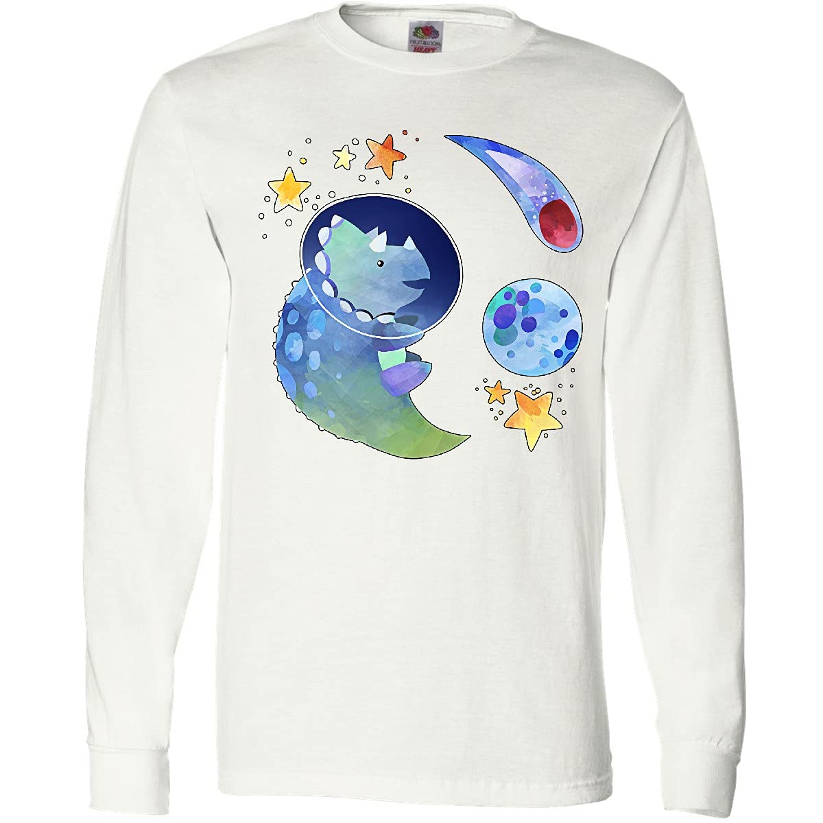 Inktastic Triceratops in Space with Planets and Stars Long Sleeve T-Shirt for Kids | Dinosaur Graphic Tee | Fun Space Theme Shirt for Boys & Girls | Birthday Gift, School Wear, Casual Outfit