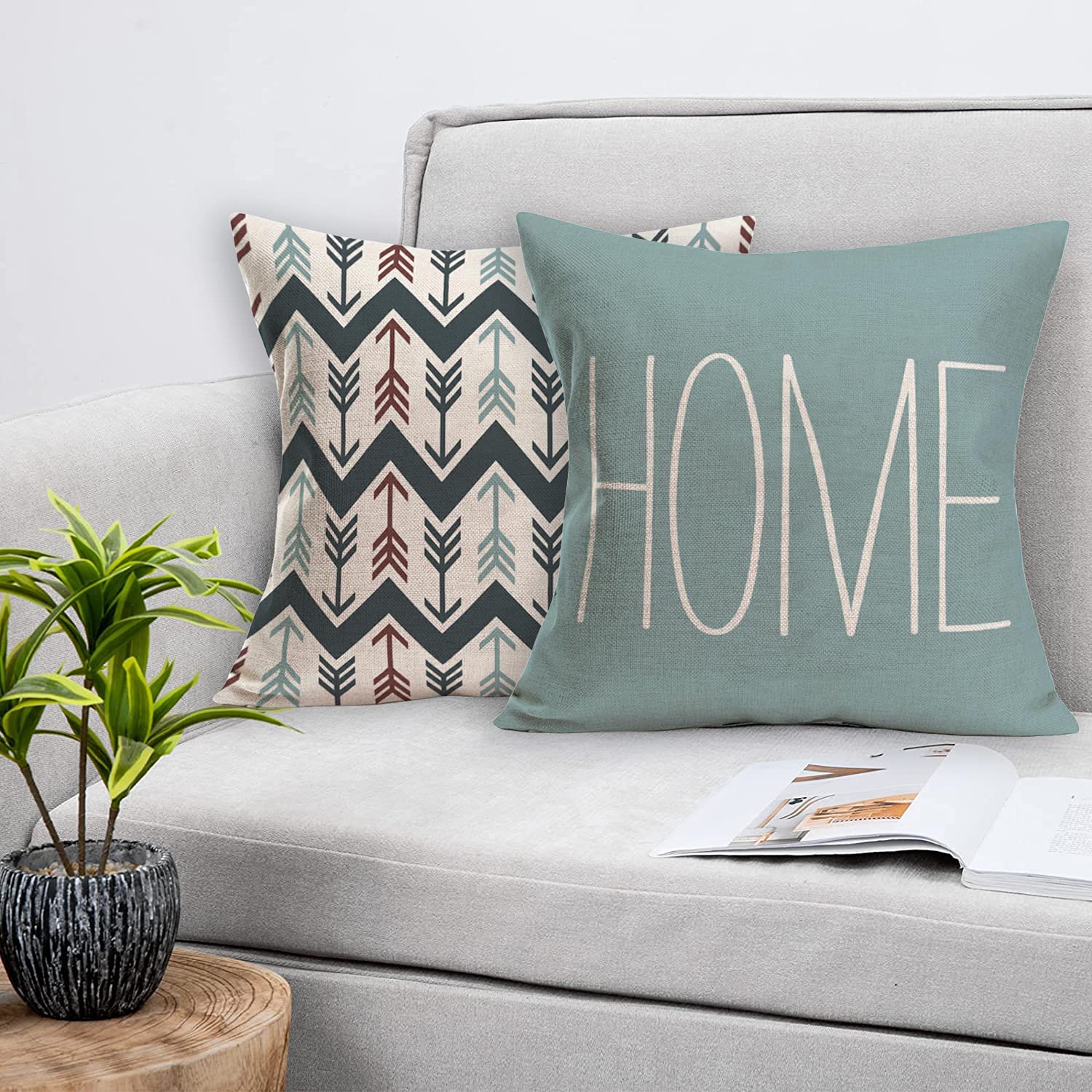 Xihomeli 22x22 Inch Throw Pillow Covers Set of 4 - Blue Geometric Wave Arrow Design Cotton Linen Cushion Cases for Sofa, Bed, Living Room Decor - Home Quote Words Decorative Pillow Covers (4pc Blue, 22