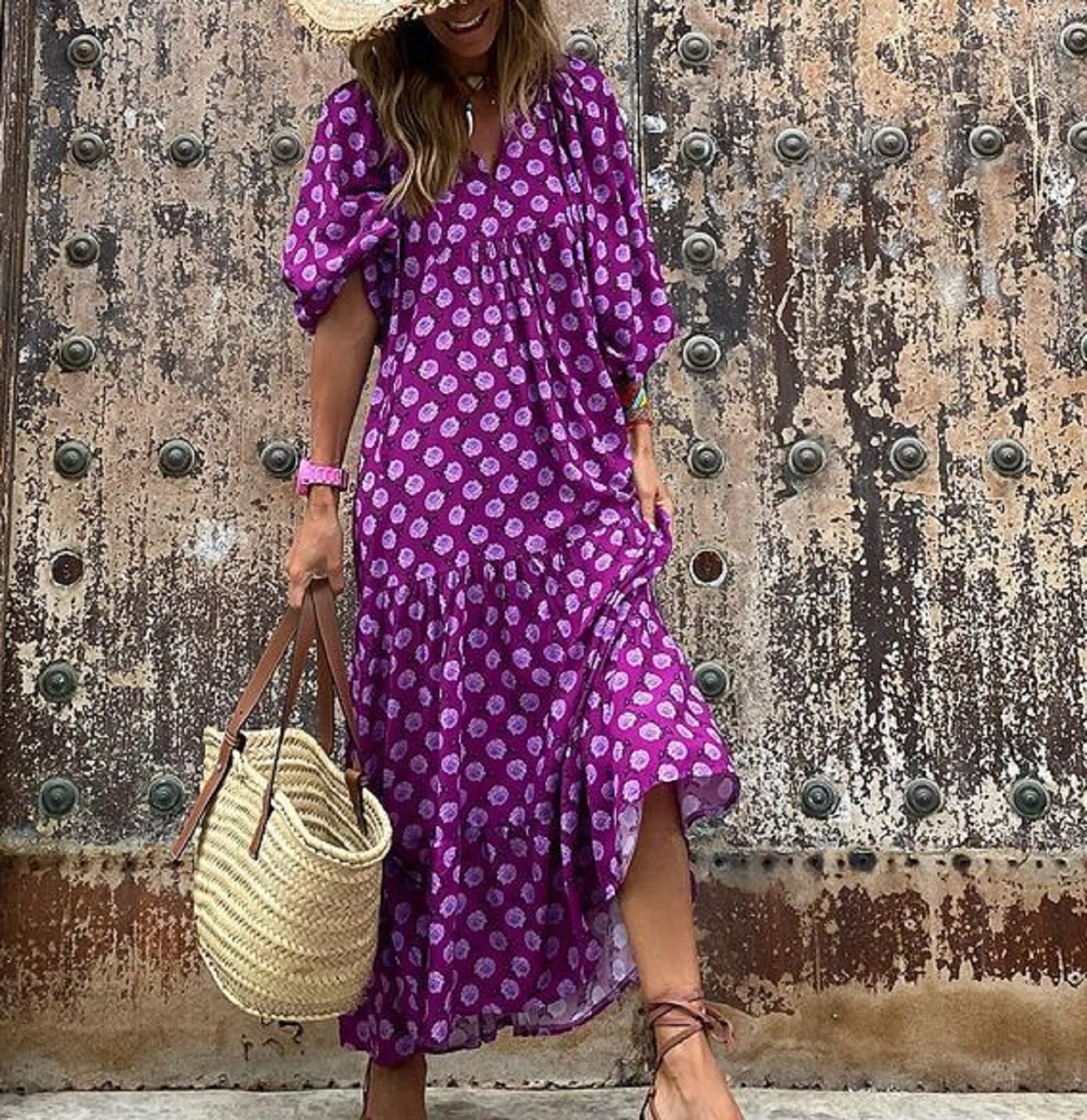 Bohemian Floral Maxi Dress for Women - Summer V-Neck Short Puff Sleeve Beach Sundress with Tiered Swing Skirt | Perfect for Beach Vacations, Music Festivals & Summer Parties