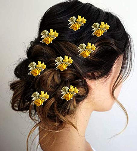 Rose Hair Pins for Women - 8 Pack Yellow Floral Hair Accessories for Parties & Weddings