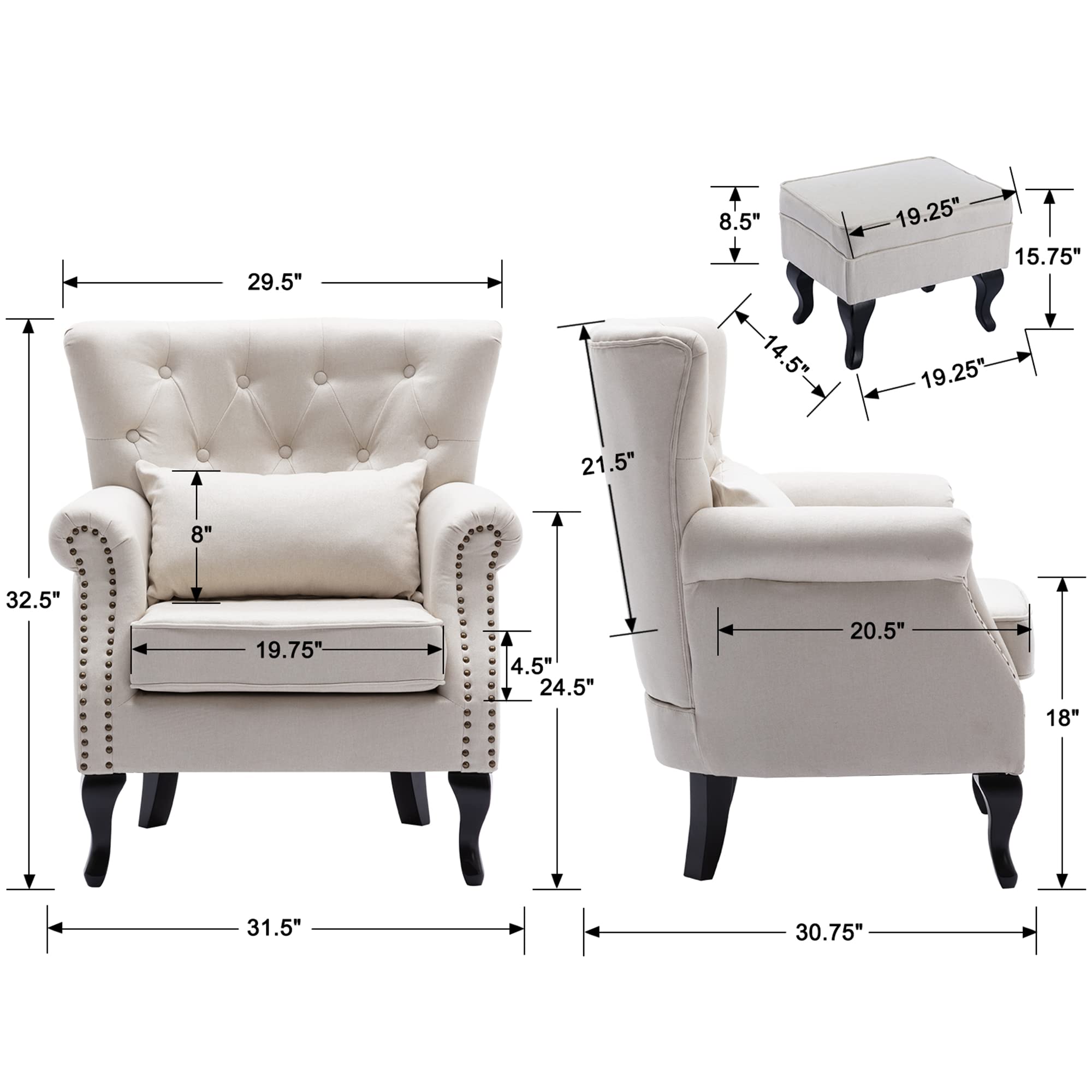 Mid-Century Modern Accent Chair with Ottoman - Comfy Linen Wingback Armchair with Button Tufted Design & Pillow - Beige Living Room, Bedroom, or Club Lounge Seating Furniture for Relaxing & Stylish Home Decor