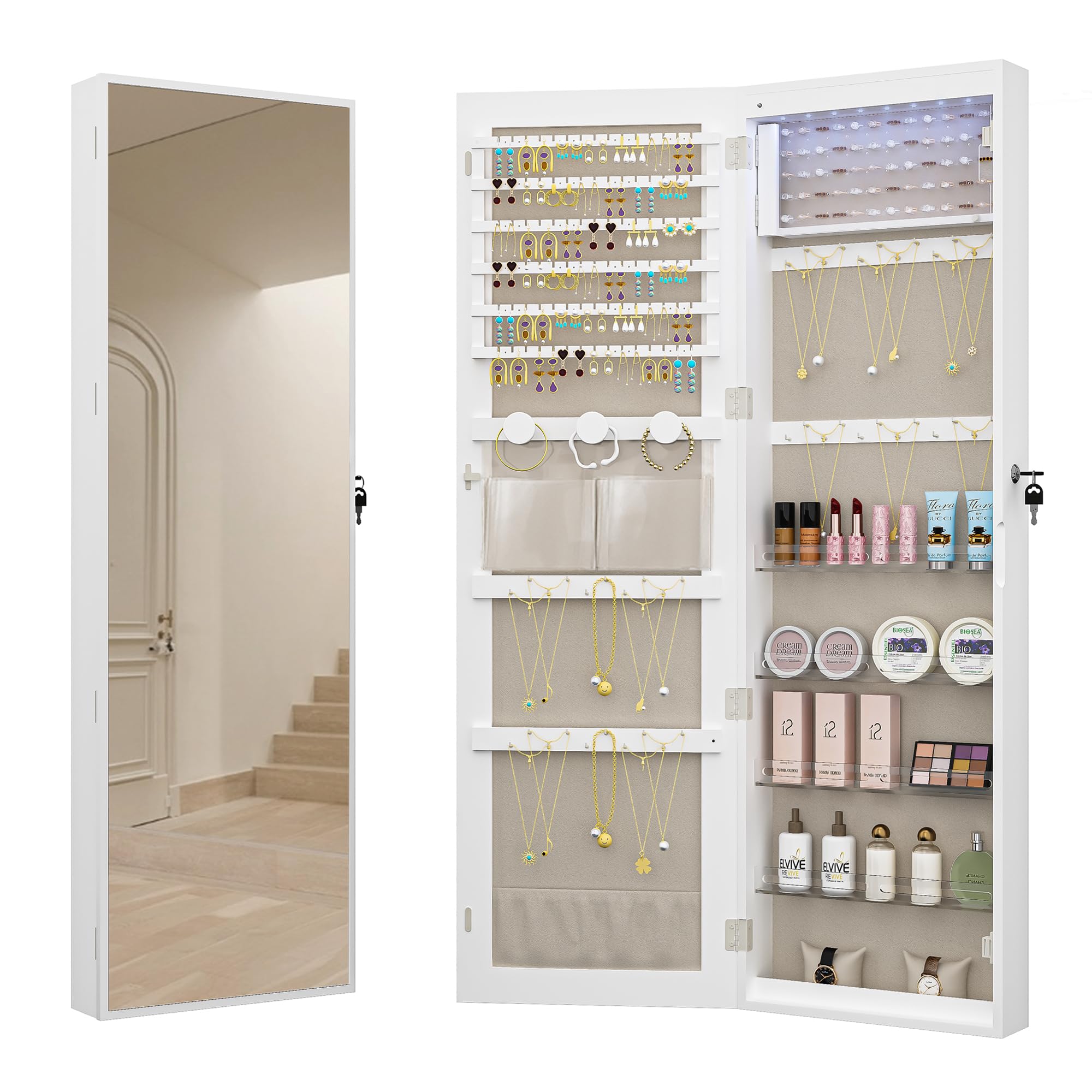 8 LED Lighted Mirror Jewelry Armoire Organizer - 47.2 Inch Wall/Door Mount Lockable Storage Cabinet with 6 Earrings Shelves & 2 Makeup Pockets (White/Beige) - Perfect for Bedroom, Closet & Dressing Room Organization